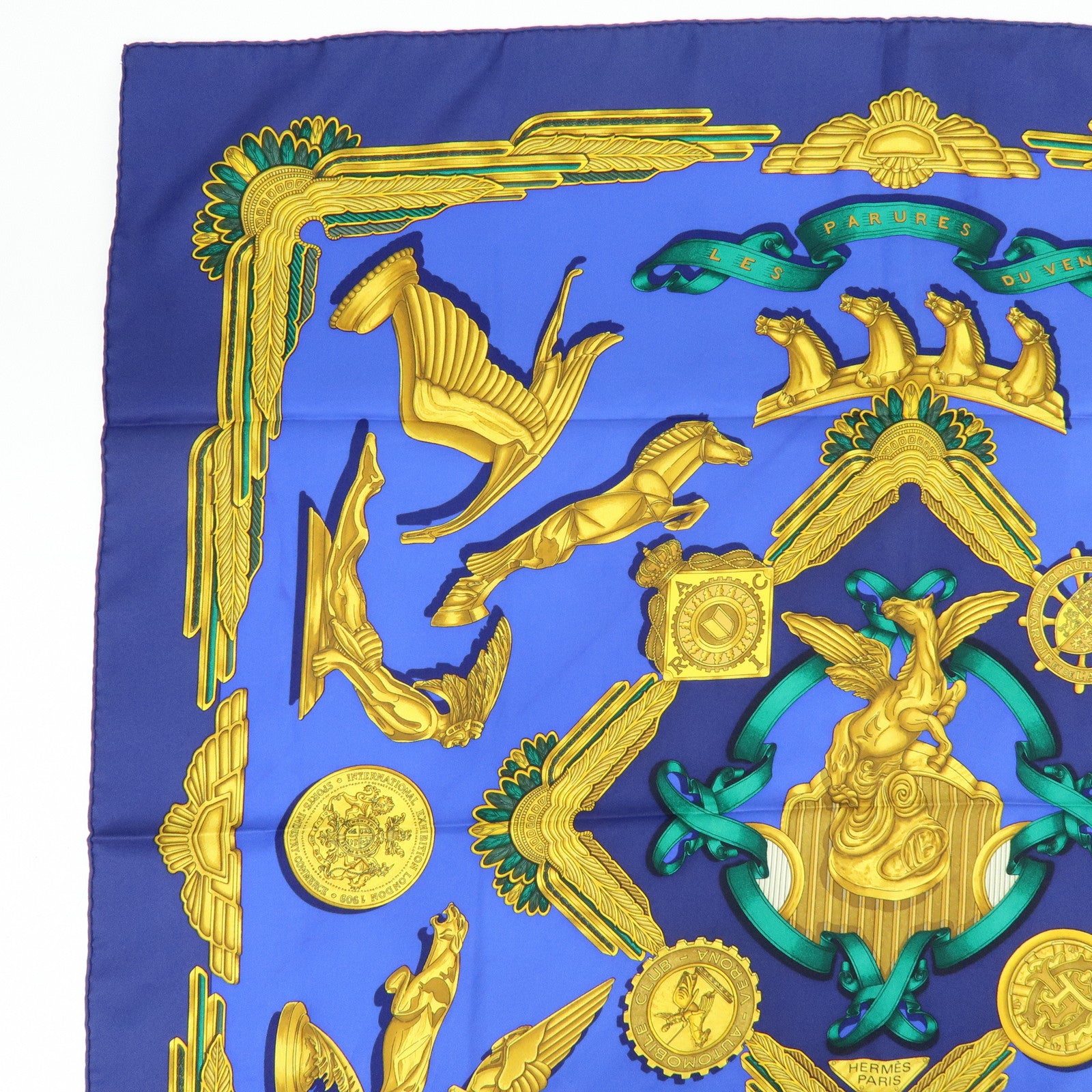 HERMES Carre 90 Silk 100% Scarf LES PARURES DU VENT Navy Gold