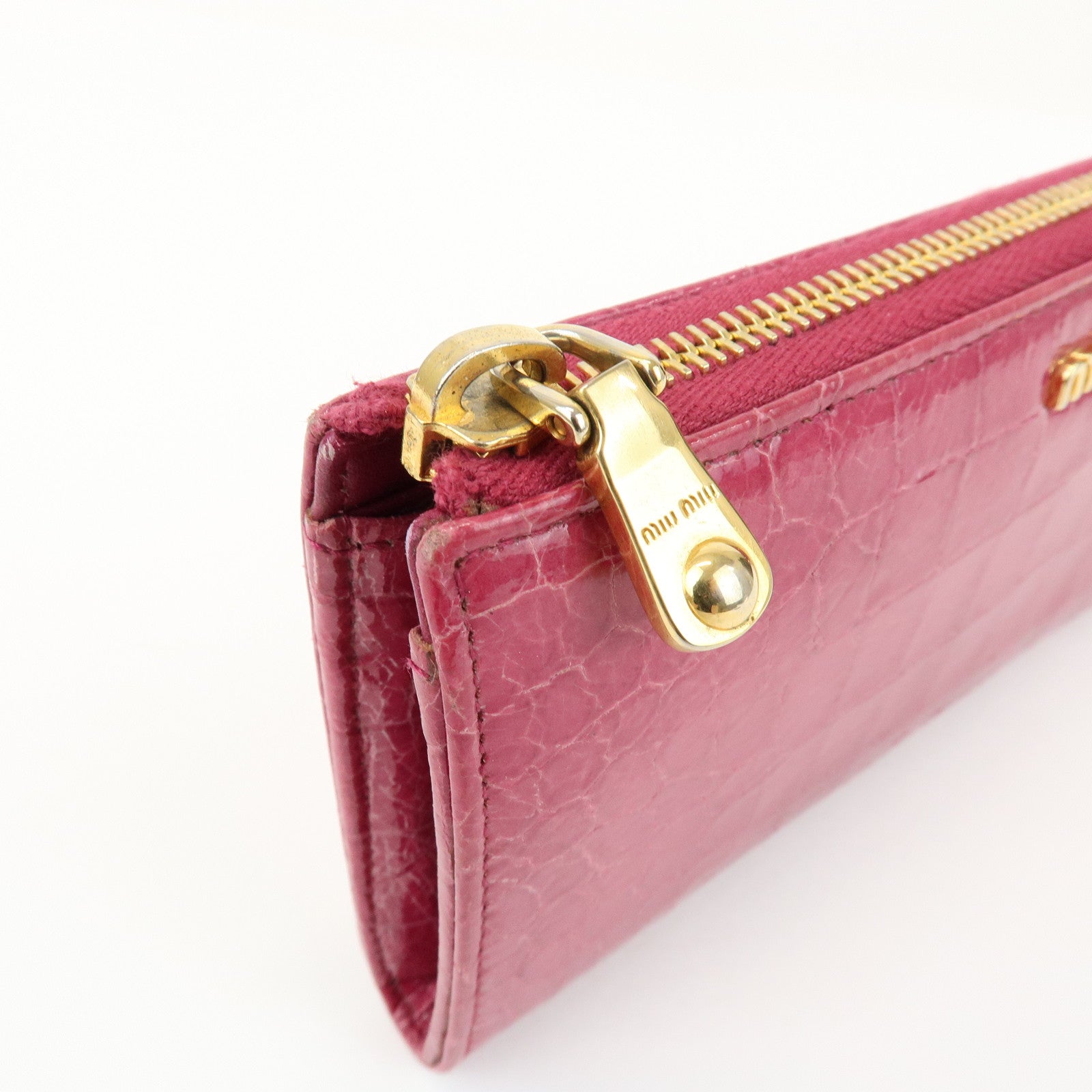 MIU MIU Logo Embossed Leather Zippy Long Wallet Pink Gold
