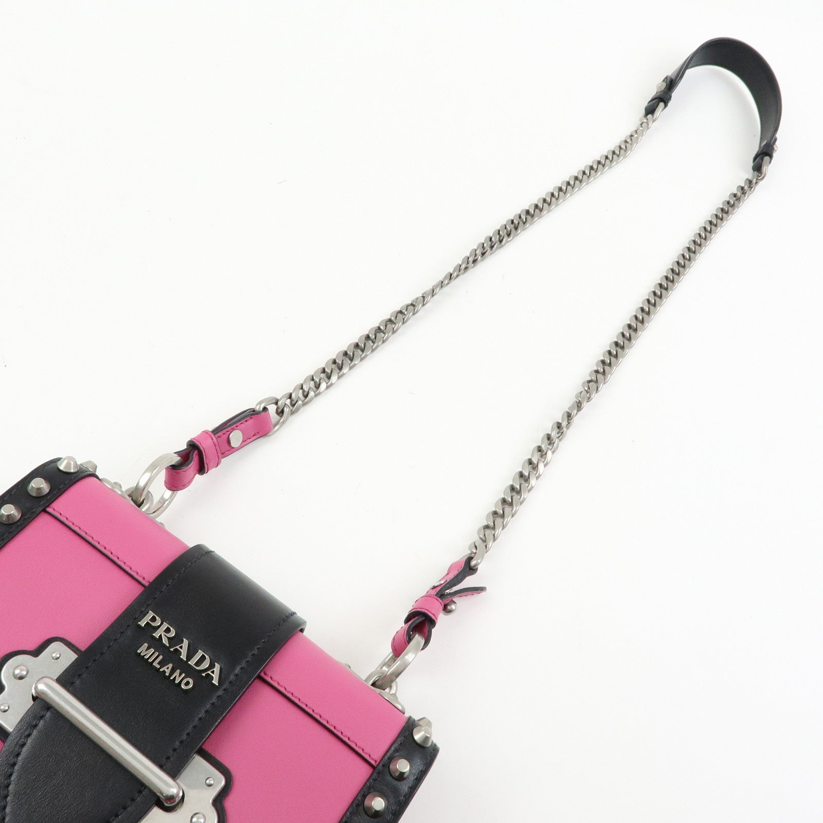 PRADA Cahier Calf Leather Studs Shoulder Bag Pink Black 1BH018