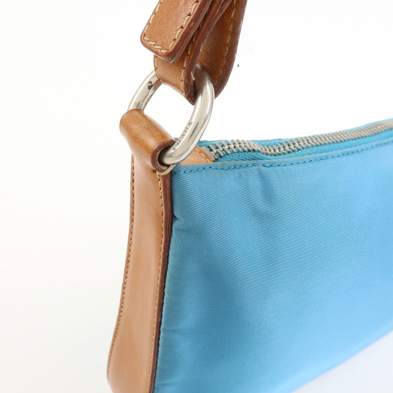 PRADA Triangle Logo Nylon Leather Shoulder Bag Blue Brown BR2205