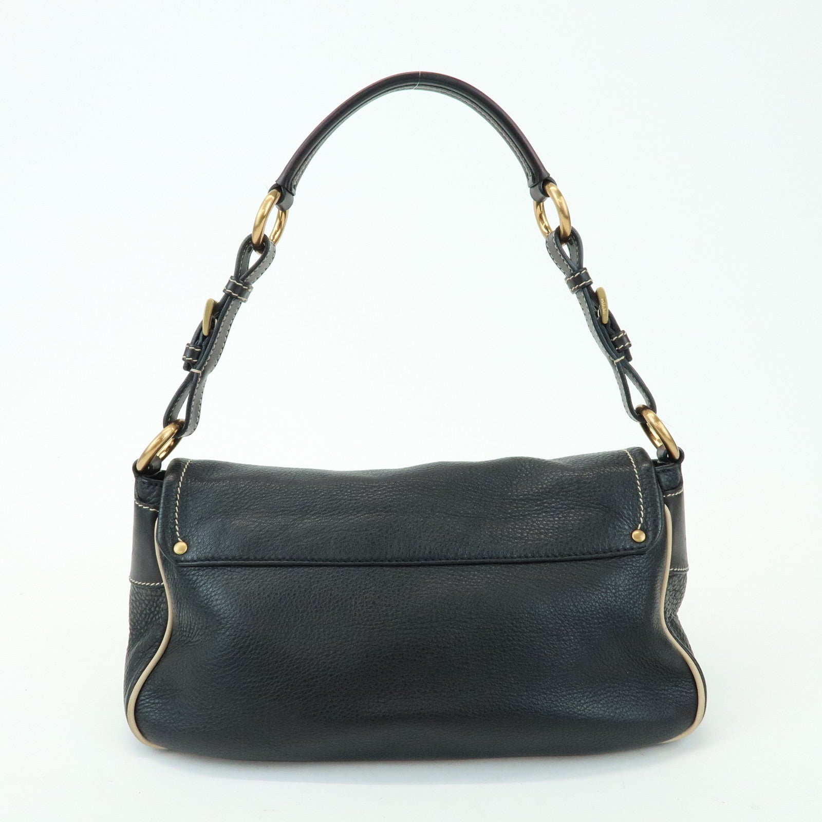 PRADA Logo Leather Stitch Shoulder Bag Hand Bag Black