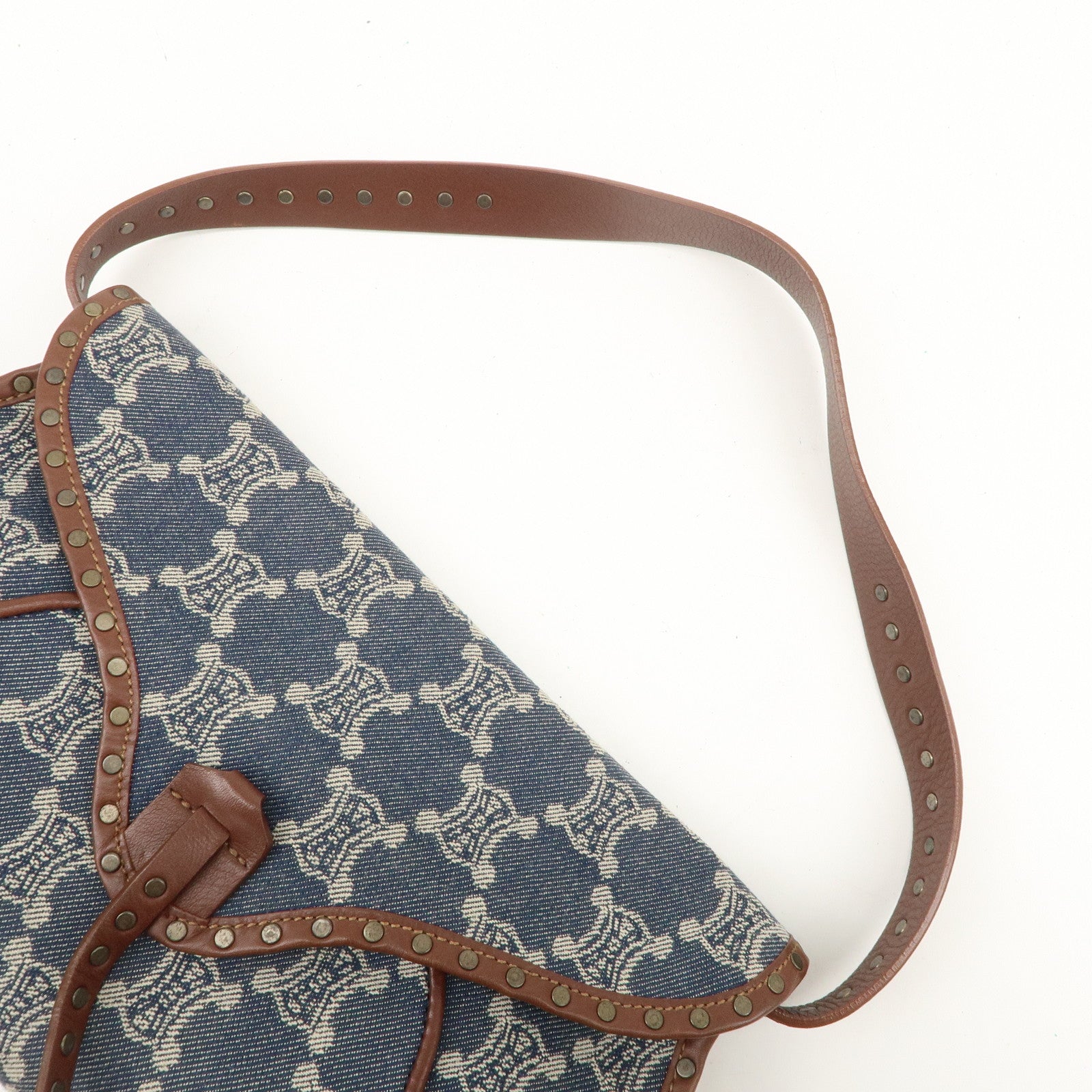 CELINE Macadam Canvas Leather Shoulder Bag Hand Bag Navy Brown