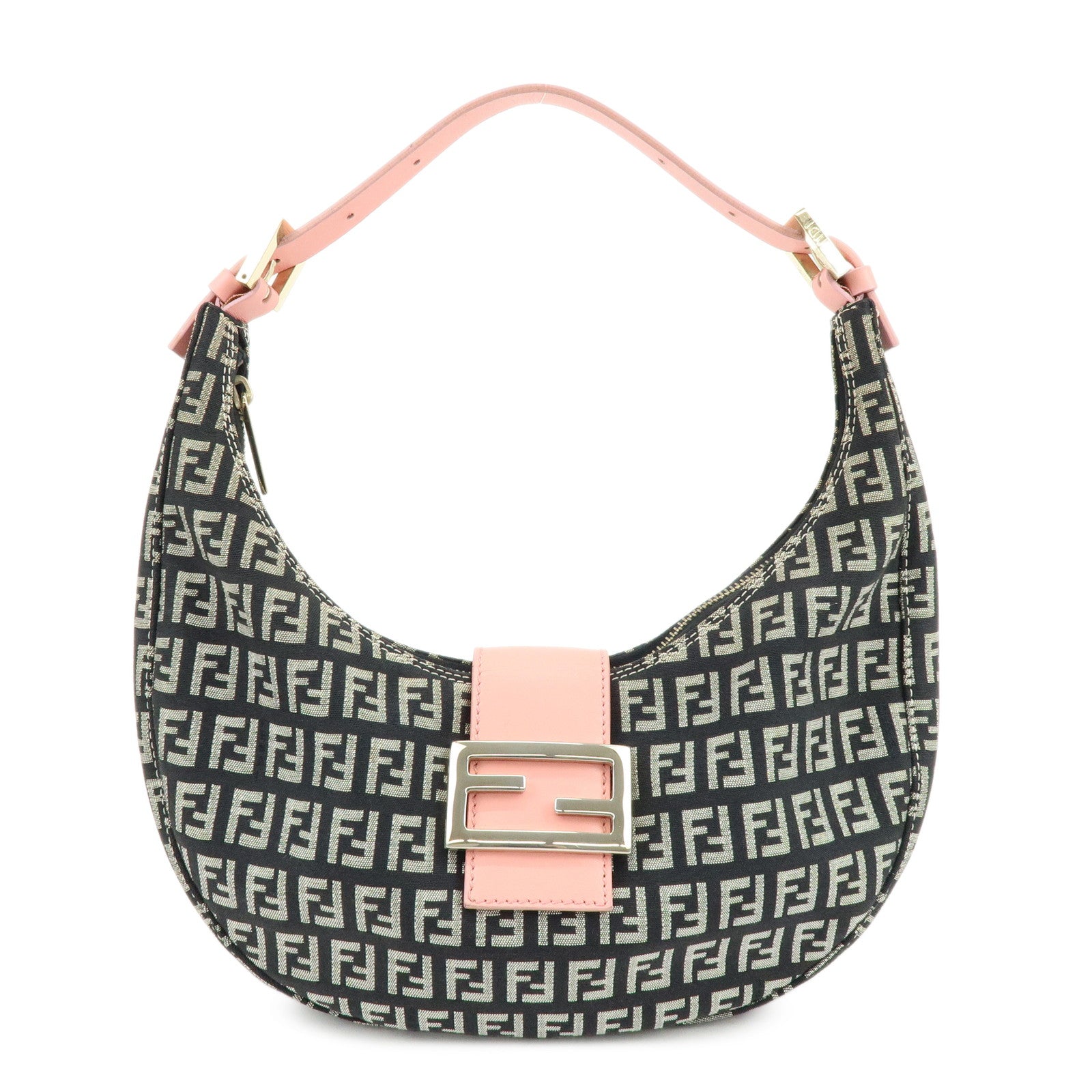 FENDI Zucchino Canvas Leather Shoulder Bag Black Pink 8BR020