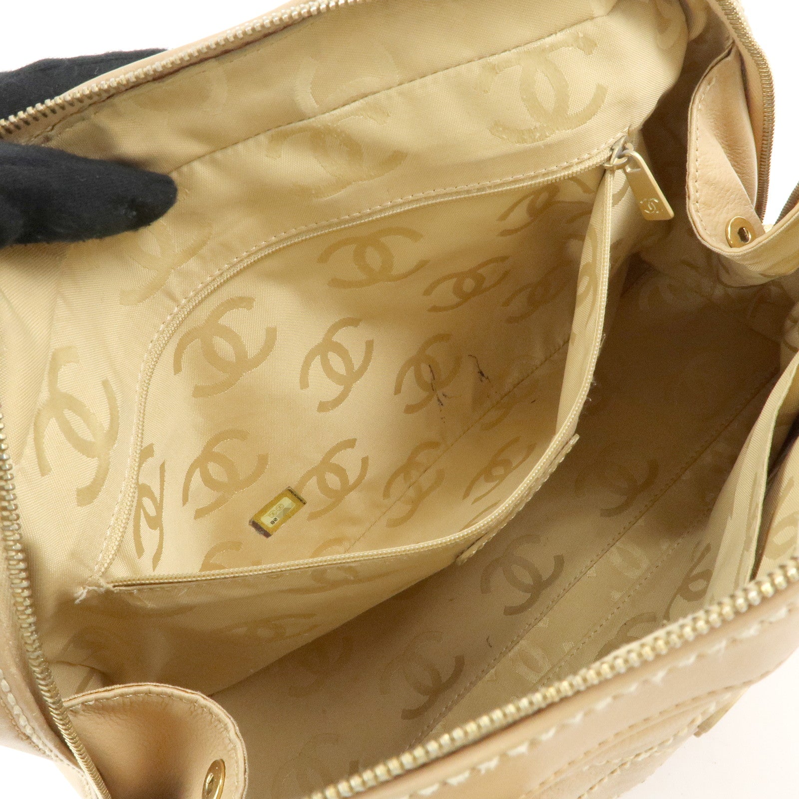 CHANEL Wild Stitch Calf Leather Boston Bag Hand Bag Beige