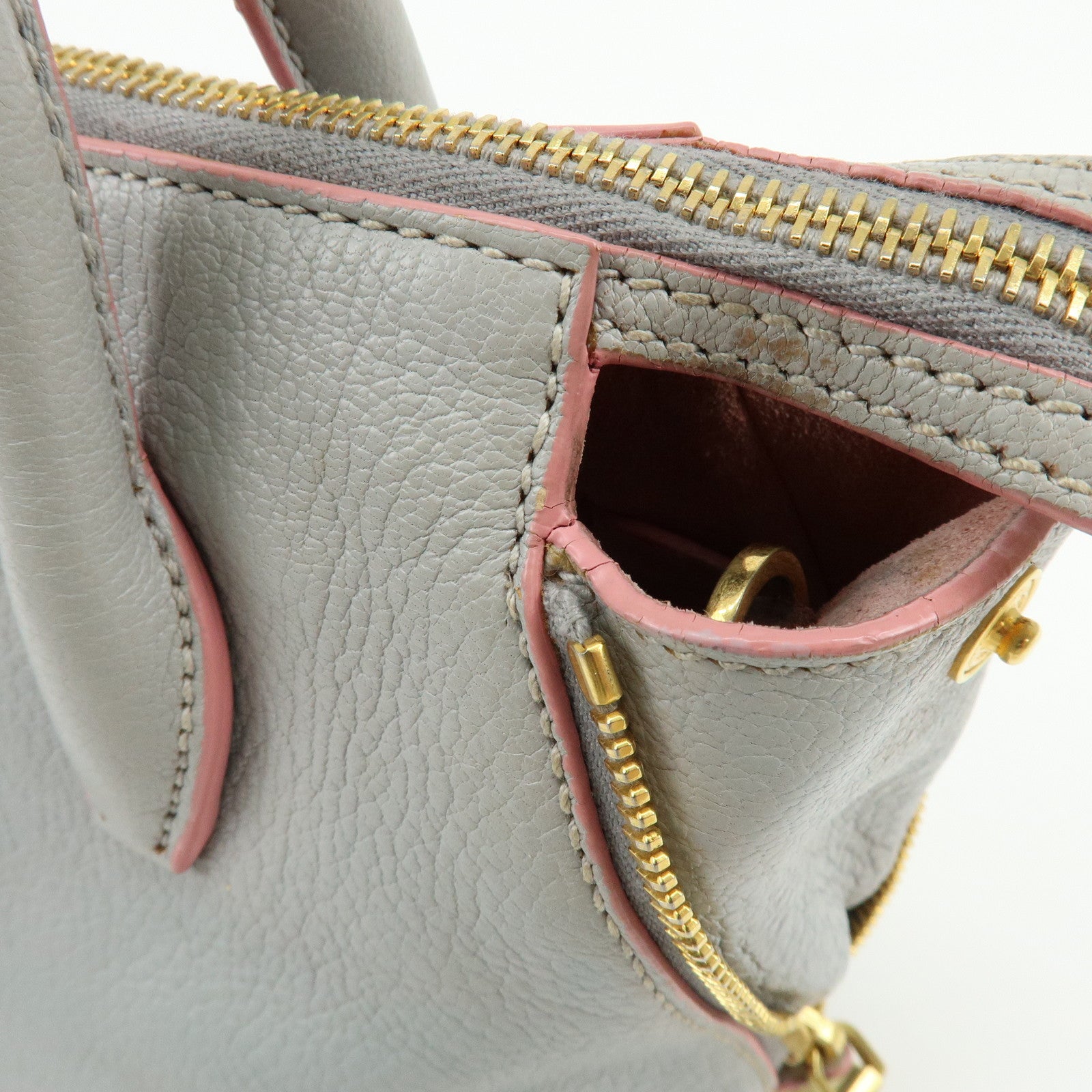 MIU MIU Madras Leather 2Way Bag Hand Bag Gray Pink 5BA003