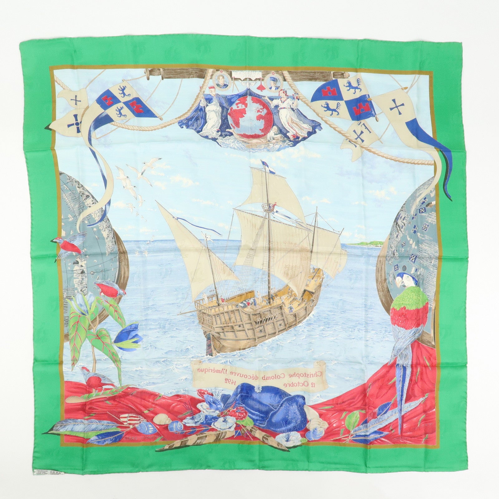 HERMES Carre 90 Silk 100% Scarf Christophe Colomb Green Blue