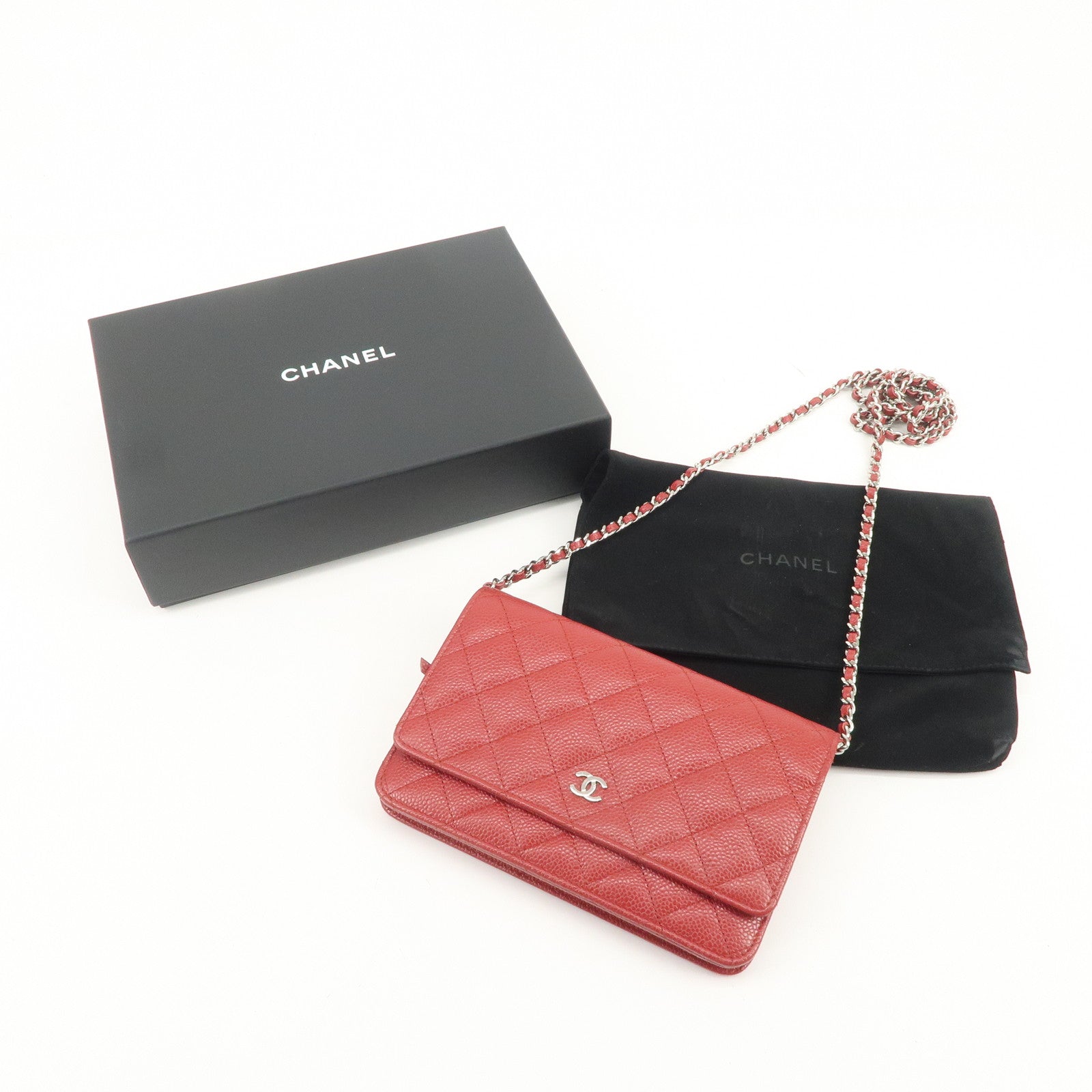 CHANEL Matelasse COCO Mark Caviarskin Chain Wallet Red A33814