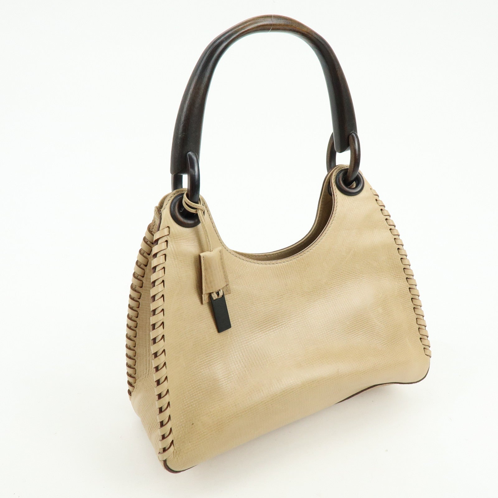 GUCCI Leather Wood Hand Bag Shoulder Bag Beige 106237