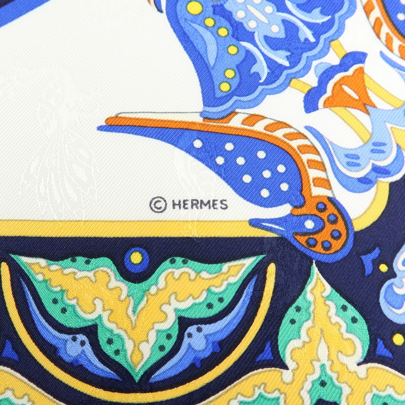 HERMES Carre 90 Silk 100% Scarf CIELS BYZANTINS Blue White