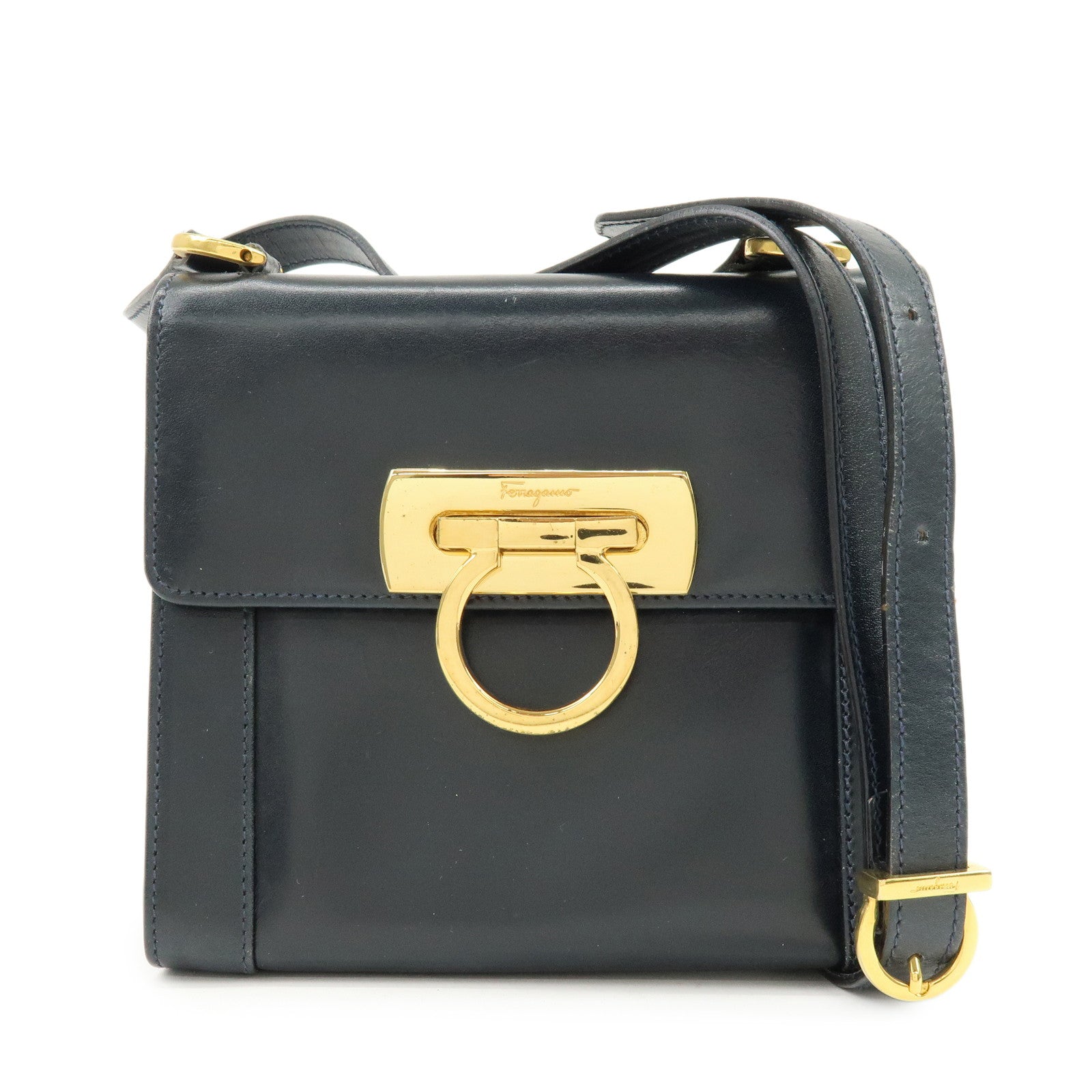 Ferragamo Gancini Leather Shoulder Bag Crossbody Bag Navy