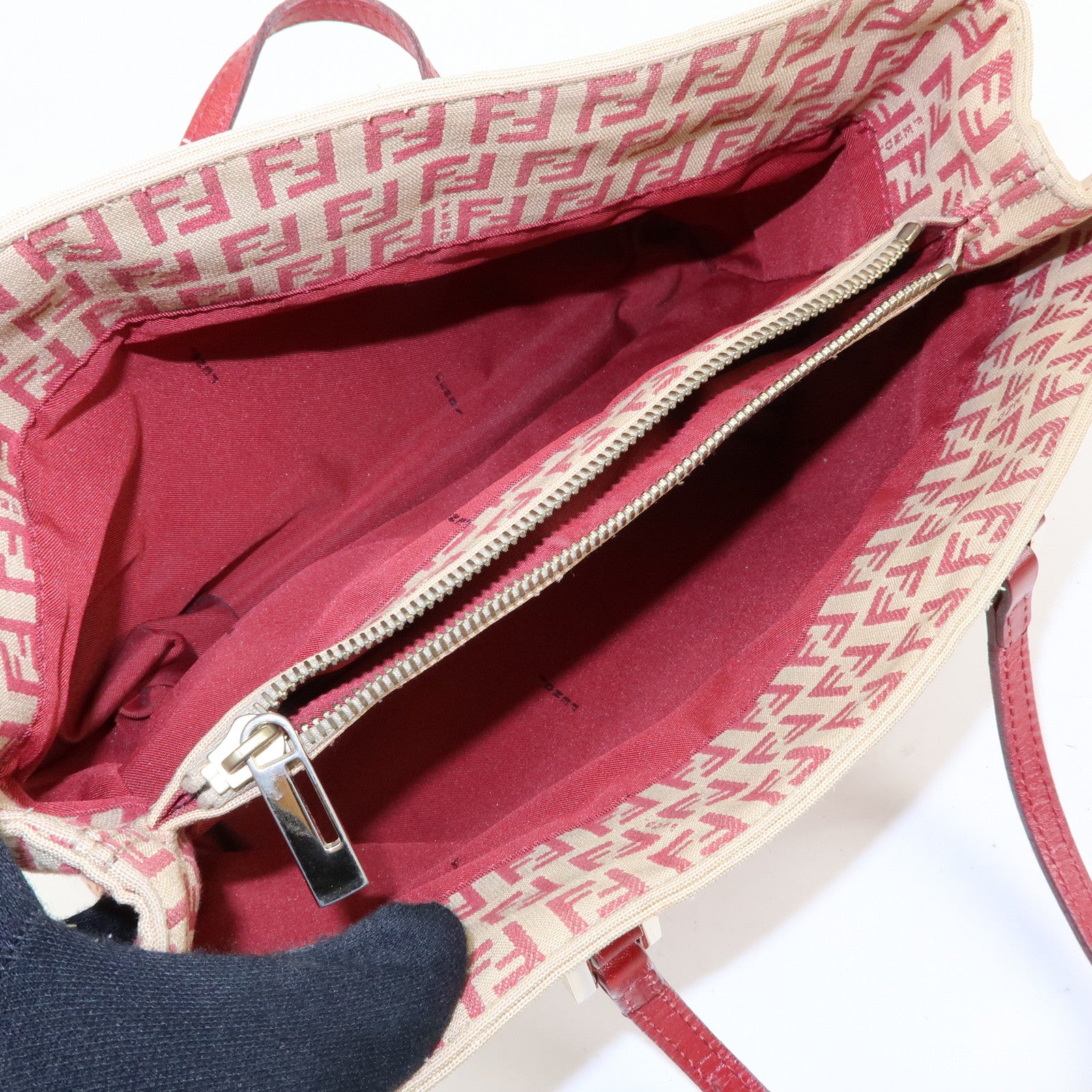 FENDI Zucchino Canvas Leather Hand Bag Tote Bag Beige Red 8BH132