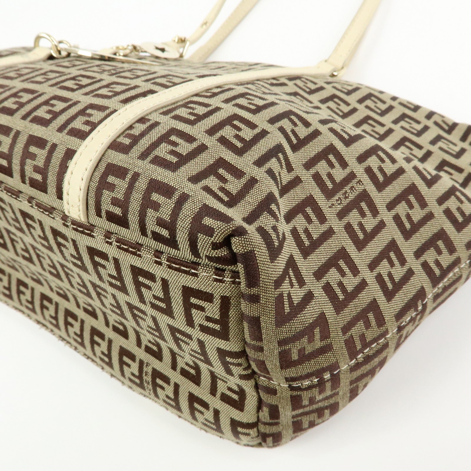 FENDI Zucchino Canvas Leather Tote Bag Hand Bag Brown Ivory 8BH214