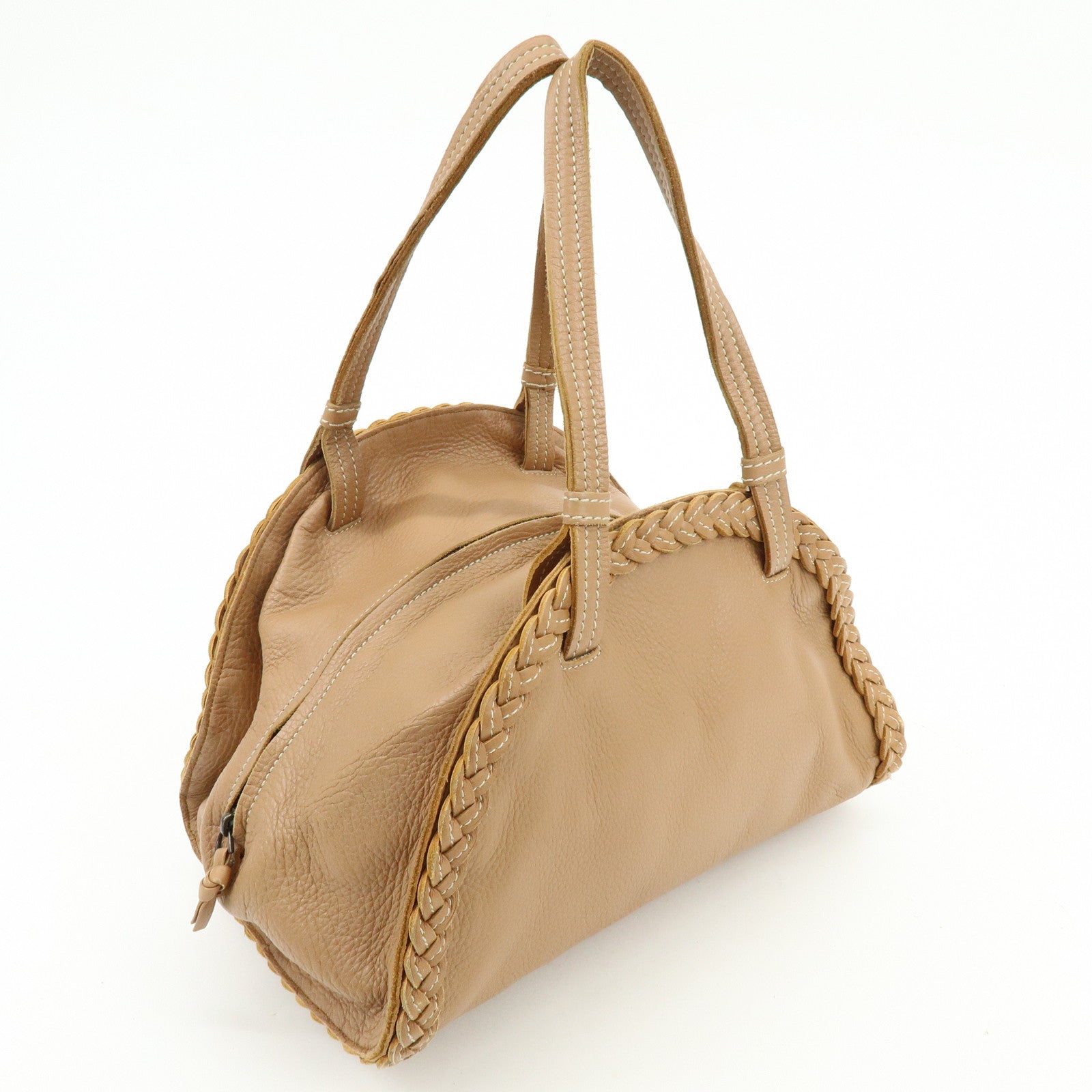 BOTTEGA VENETA Calf Leather Boston Bag Hand Bag Brown