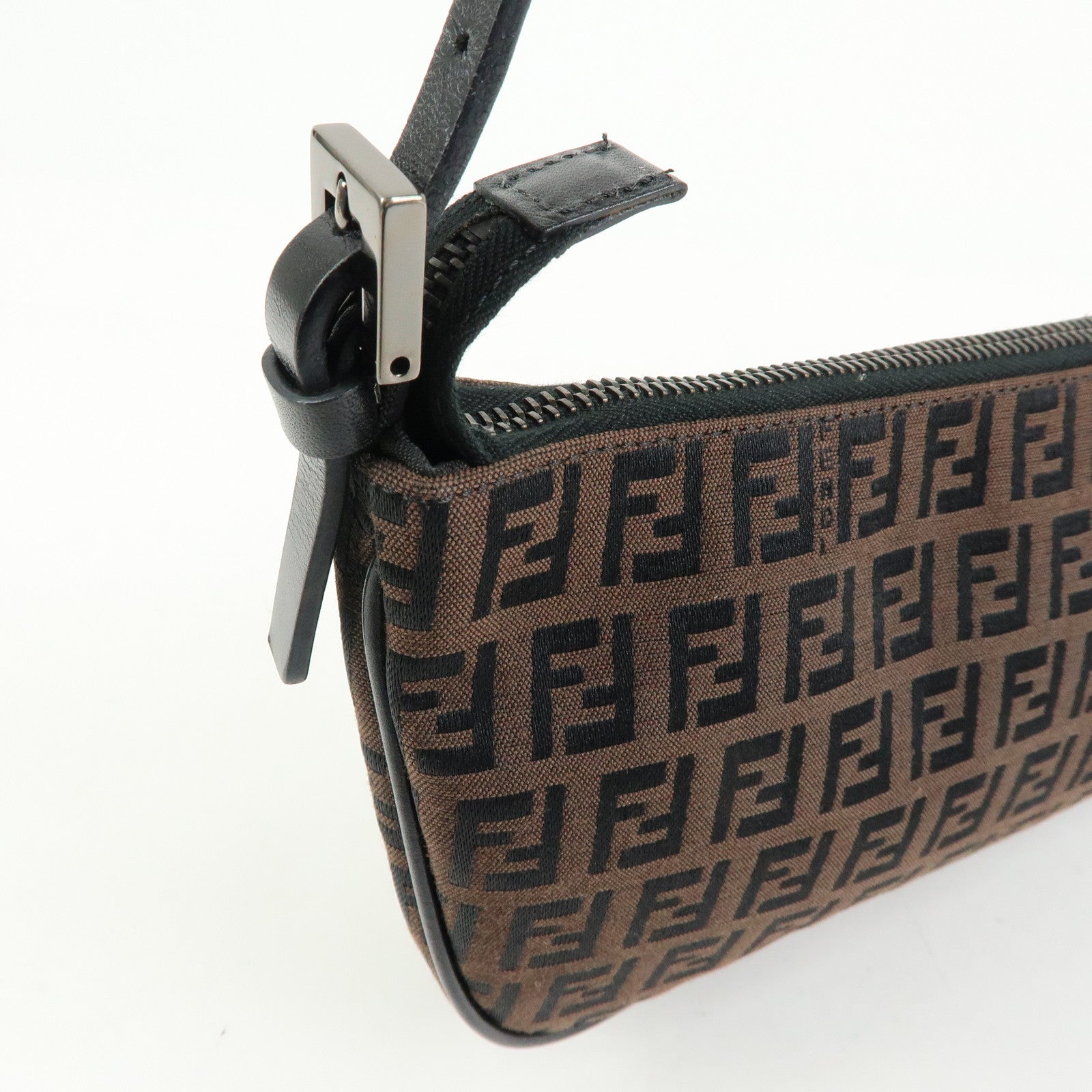 FENDI Zucchino Canvas Leather Hand Bag Brown Black 8BR1440