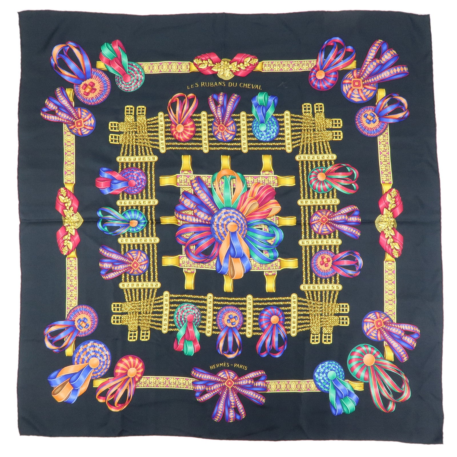 HERMES Carre 90 Silk 100% LES RUBANS DU CHEVAL Scarf Black Yellow