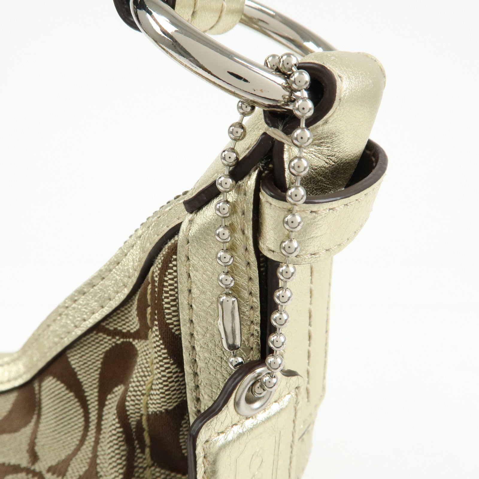 COACH Signature Patchwork Canvas Leather Shoulder Bag Beige Gold