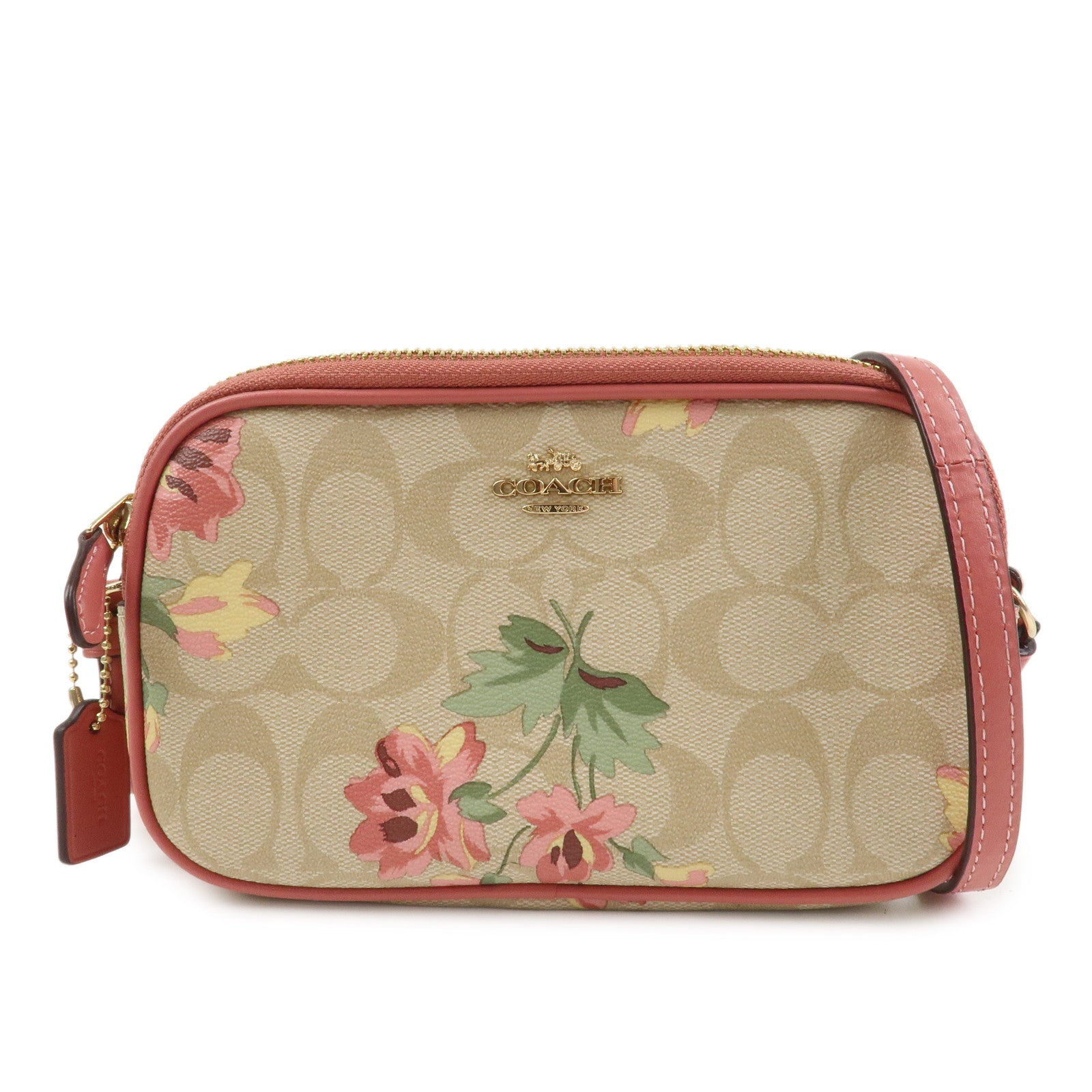 COACH Signature PVC Canvas Leather Shoulder Bag Beige Pink