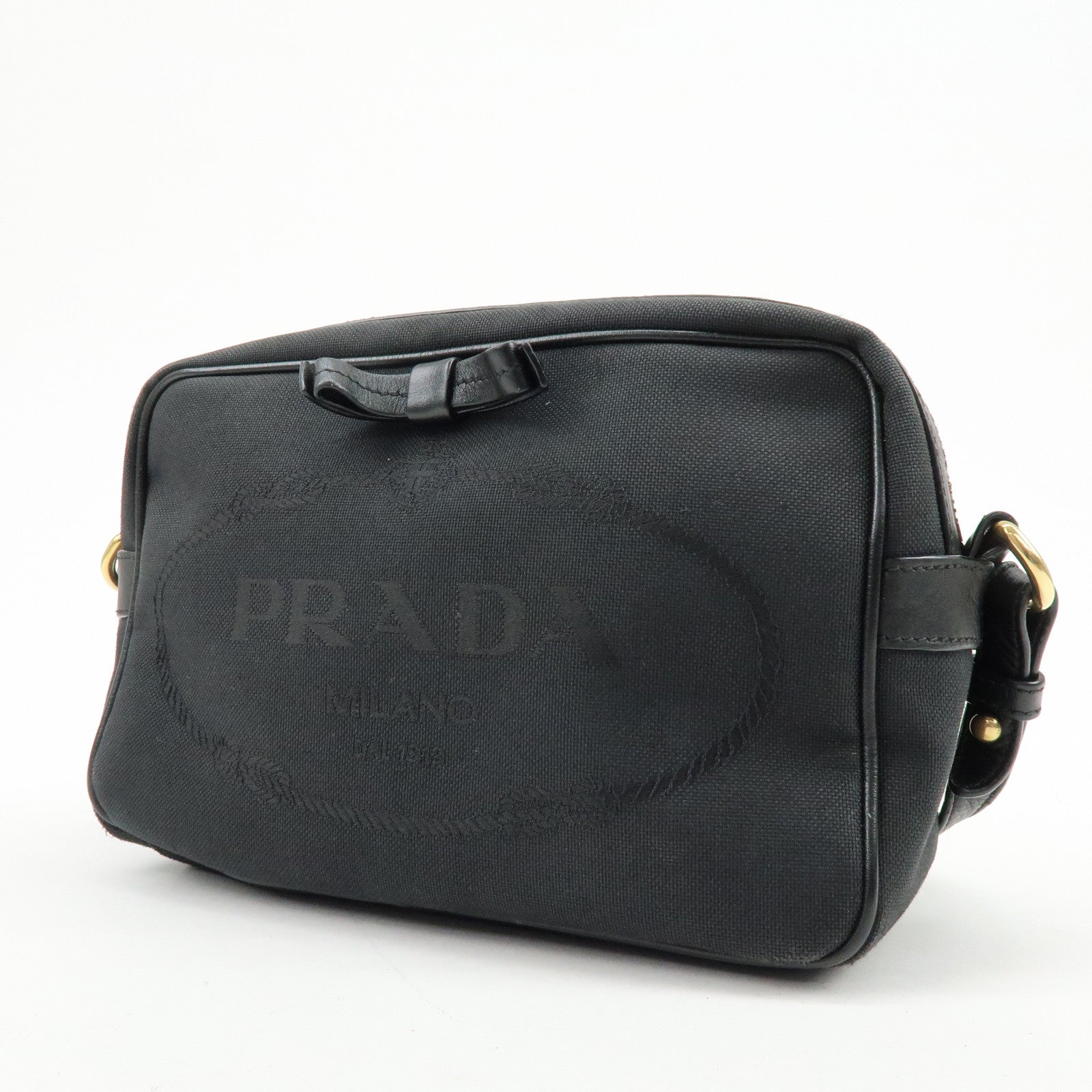 PRADA Triangle Logo Jacquard Leather Shoulder Bag Black 1BH089