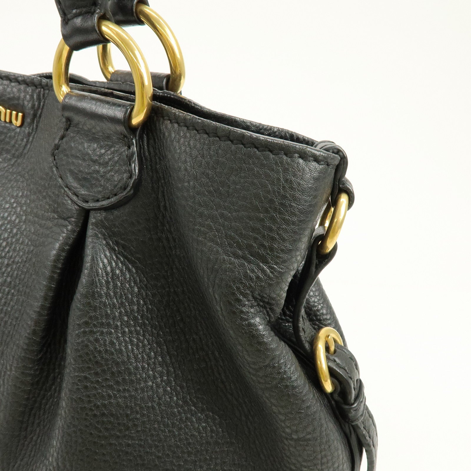 MIU MIU Logo Leather Tote Bag Shoulder Bag Black Gold