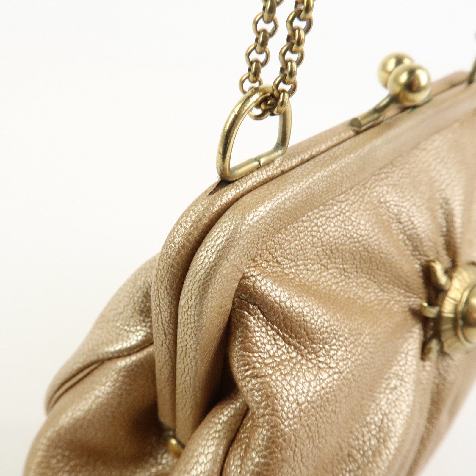 Ferragamo Leather Turtle Motif Chain Hand Bag Metallic Pink Beige