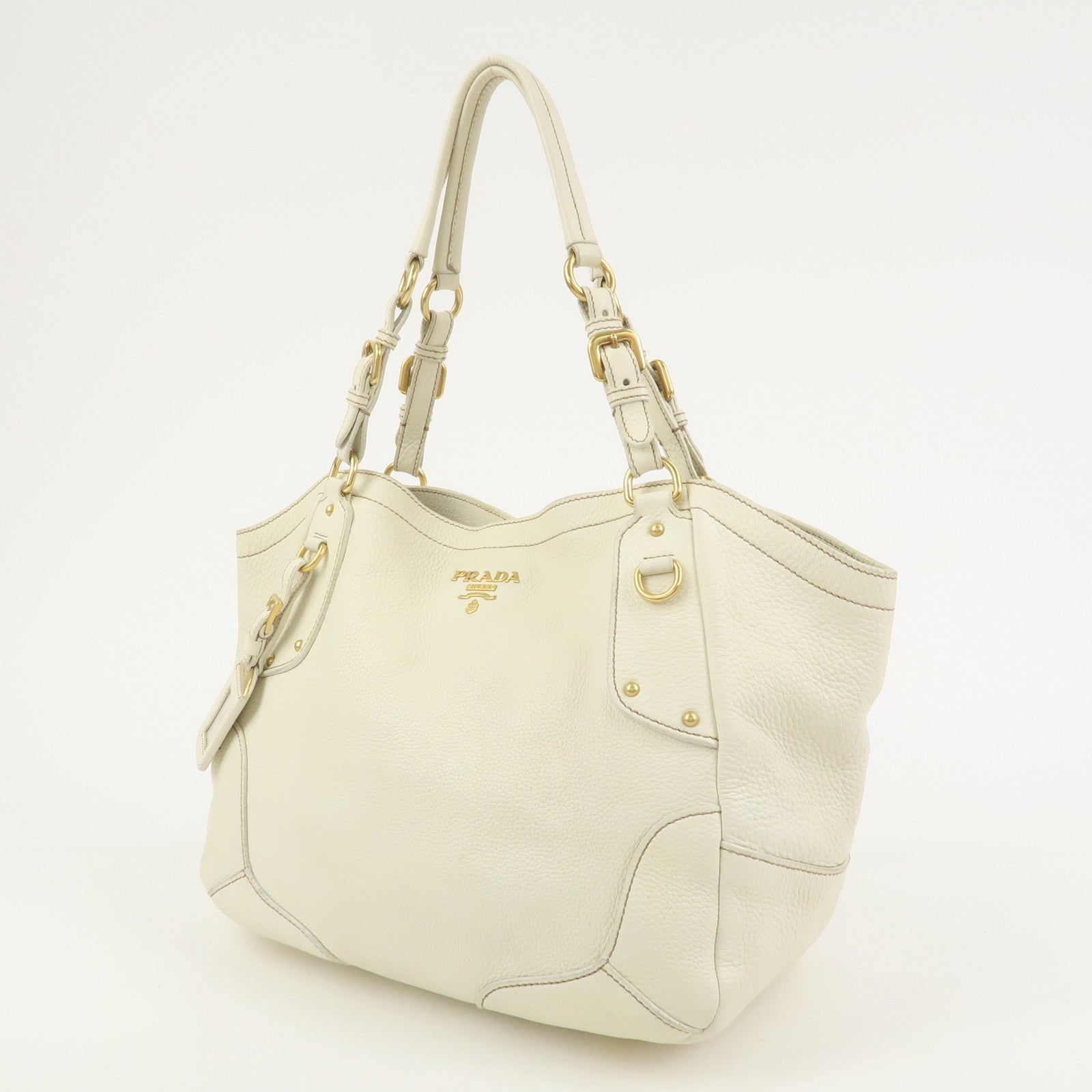 PRADA Logo Calf Leather Tote Bag Shoulder Bag Ivory BR3844