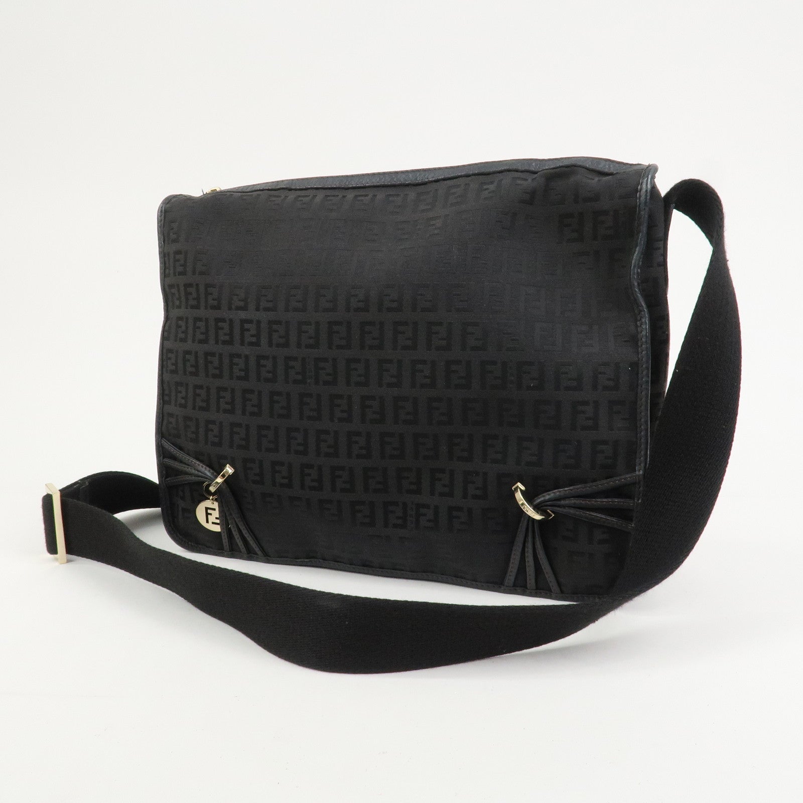 FENDI Zucchino Canvas Leather Shoulder Crossbody Bag Black 8BT090