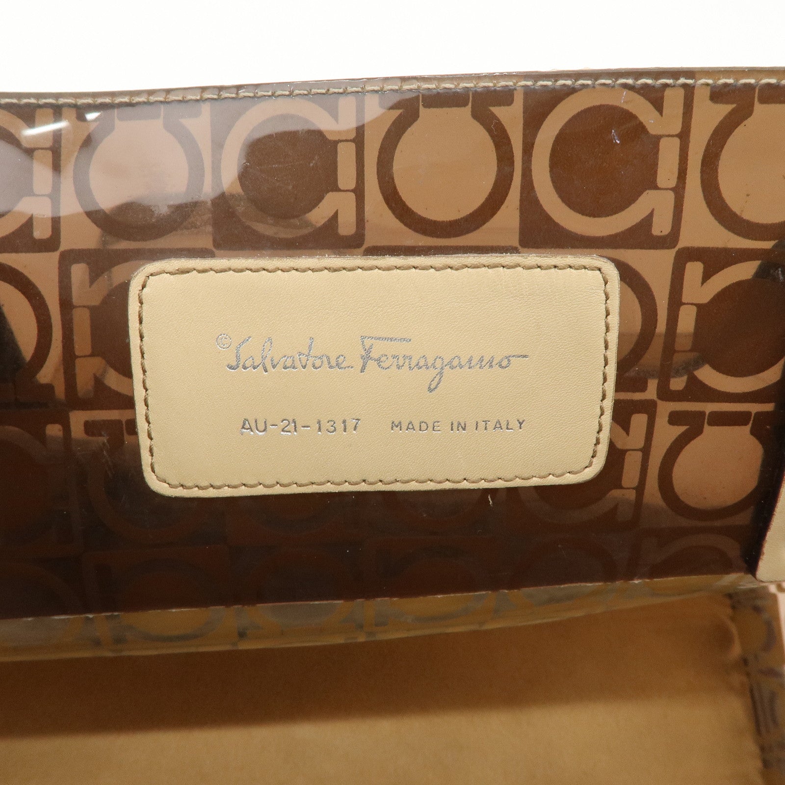 Ferragamo Gancini Vinyl Tote Bag Hand Bag Beige Khaki Silver HDW Used