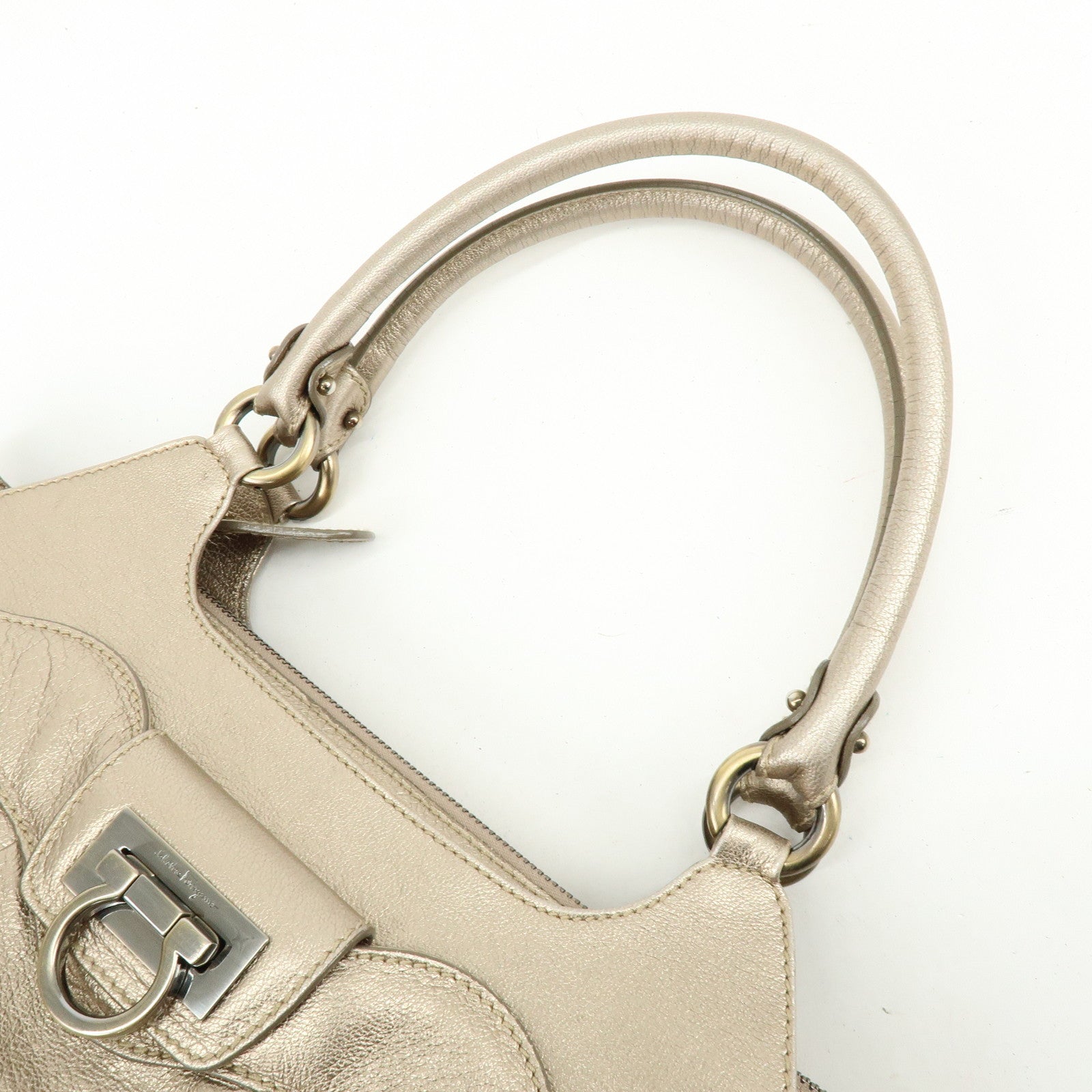 Ferragamo Gancini Leather Shoulder Bag Hand Bag Champagne Gold