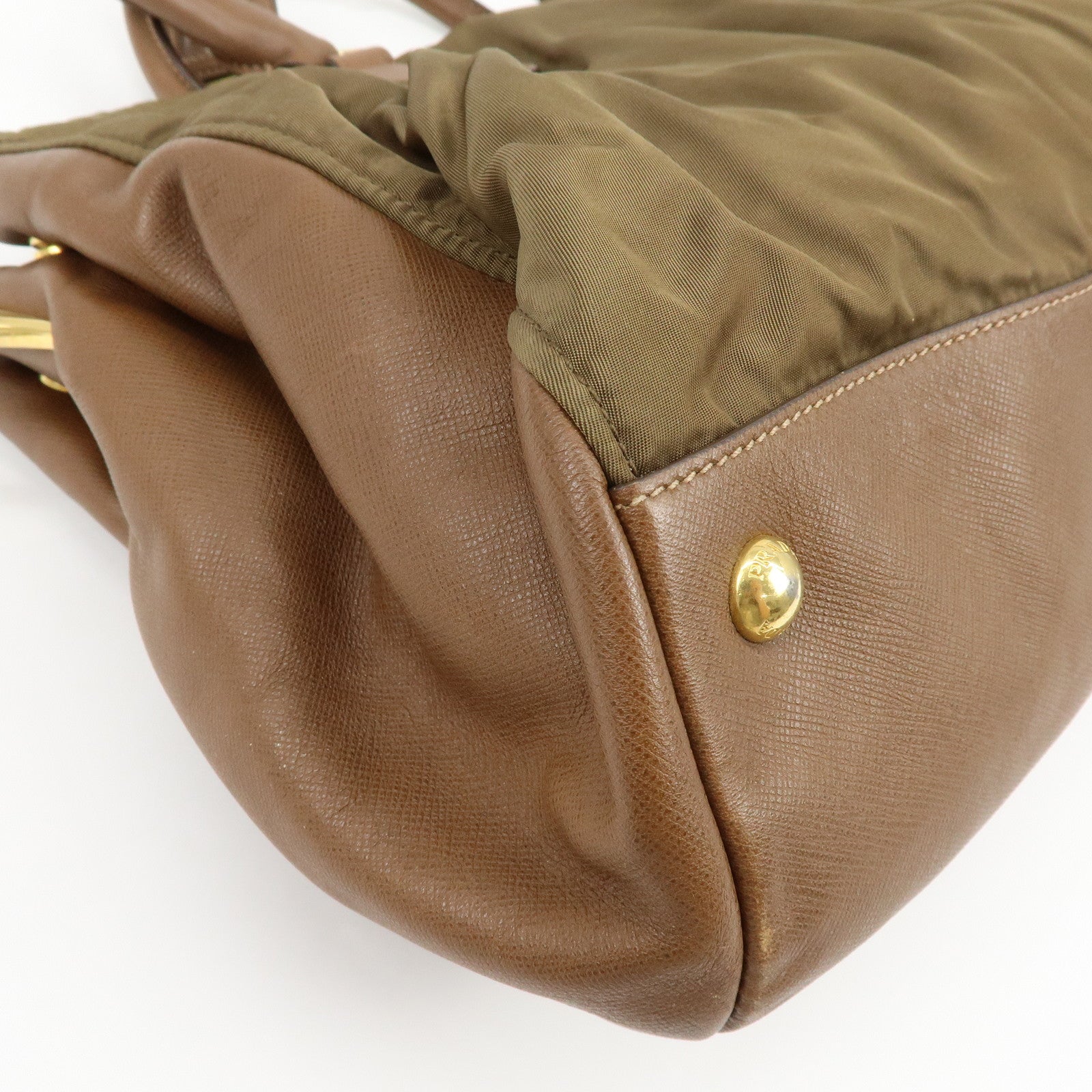 PRADA Triangle Logo Nylon Saffiano Leather 2Way Bag Khaki Brown