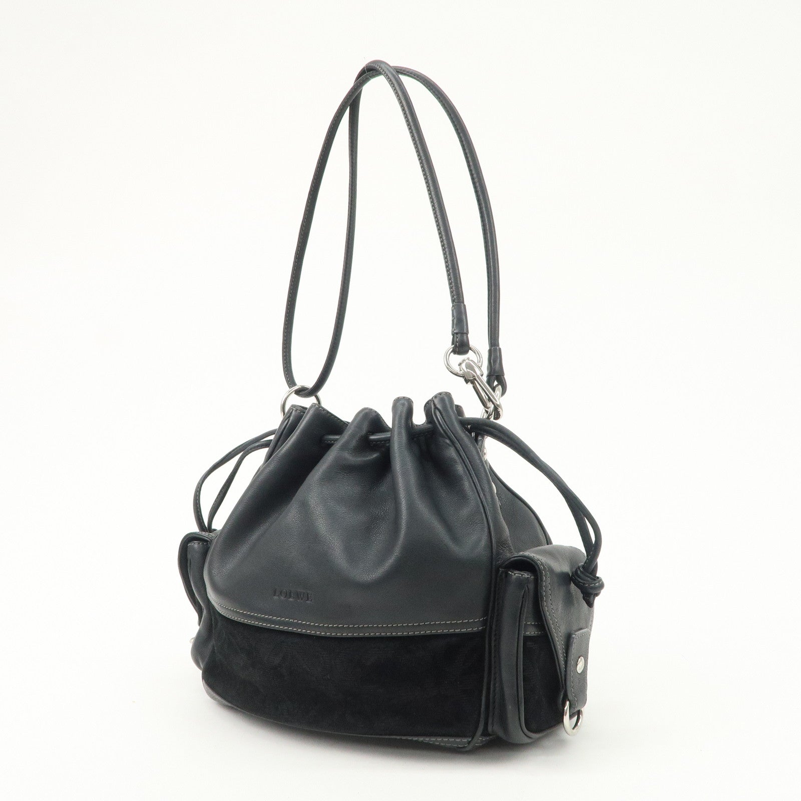 LOEWE Anagram Leather Suede Shoulder Bag Black Silver Used