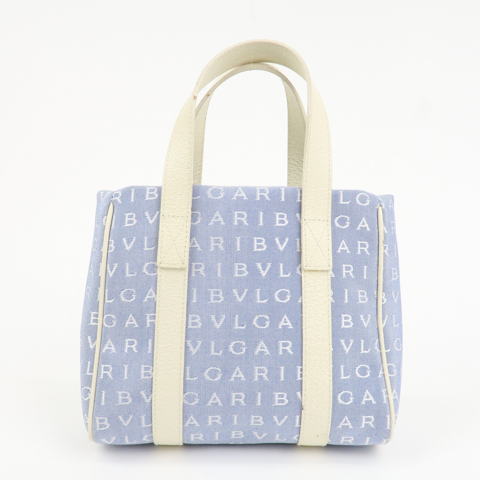 BVLGARI Logo Mania Canvas Leather Tote Bag Hand Bag Light Blue