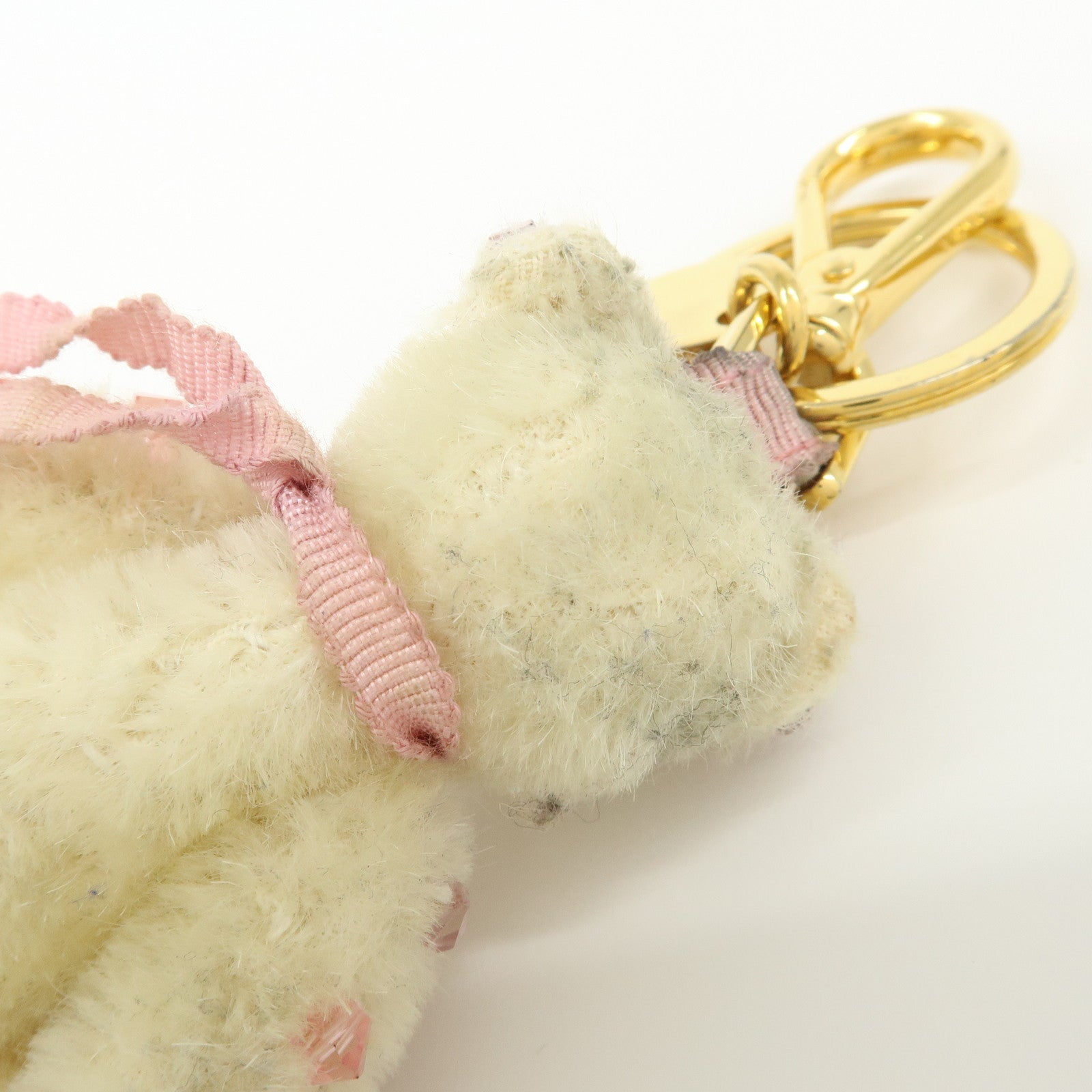 PRADA Triangle Logo Bear Mohair Bag Charm Key Holder Beige Pink