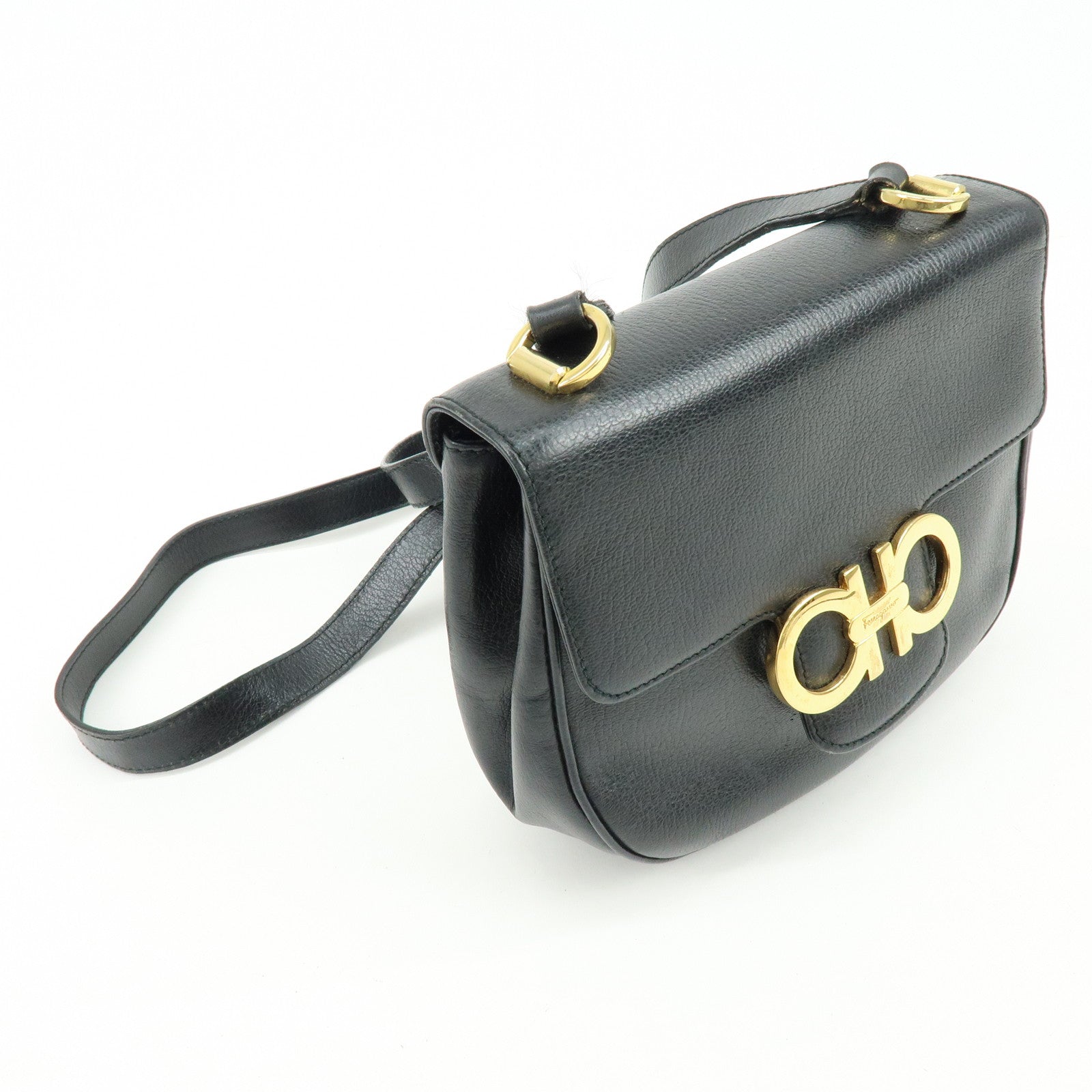 Ferragamo Gancini Leather Shoulder Bag Crossbody Bag Black