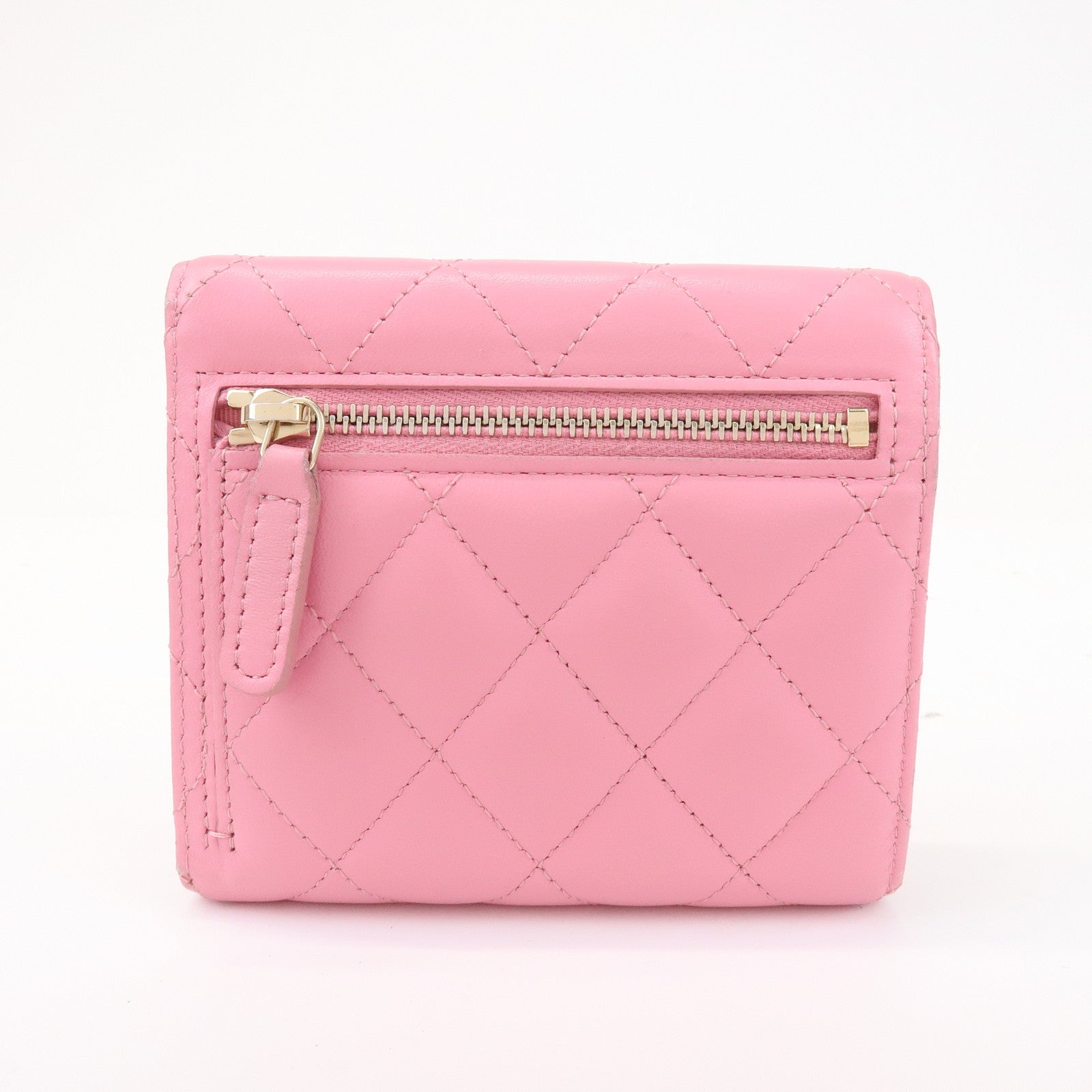 CHANEL Matelasse Lamb Skin Small Tri-Fold Wallet Pink AP0231