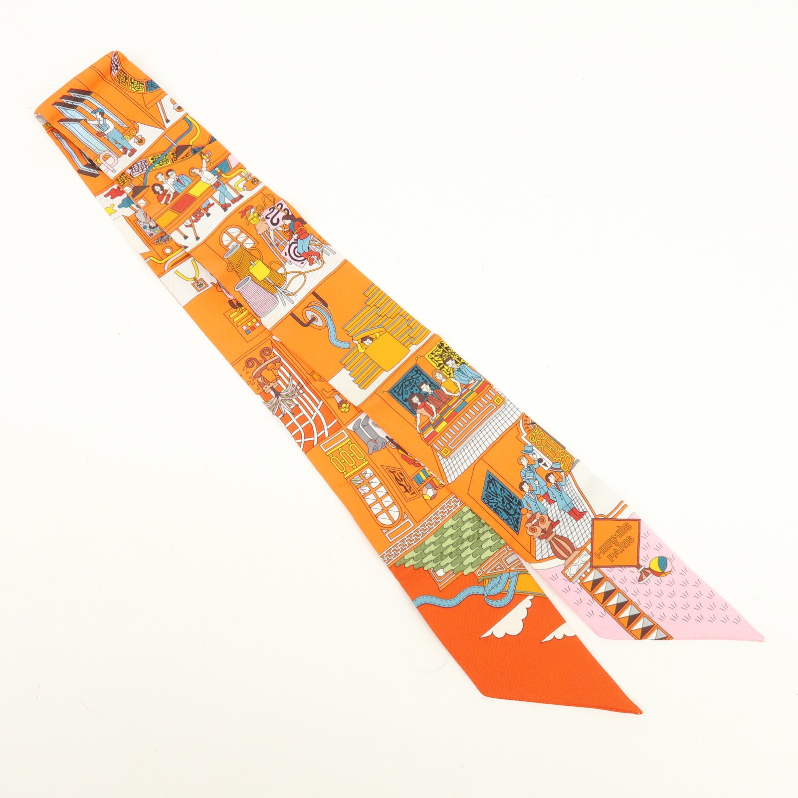 HERMES Twilly Silk 100% La Maison Des Carres Scarf Orange Pink