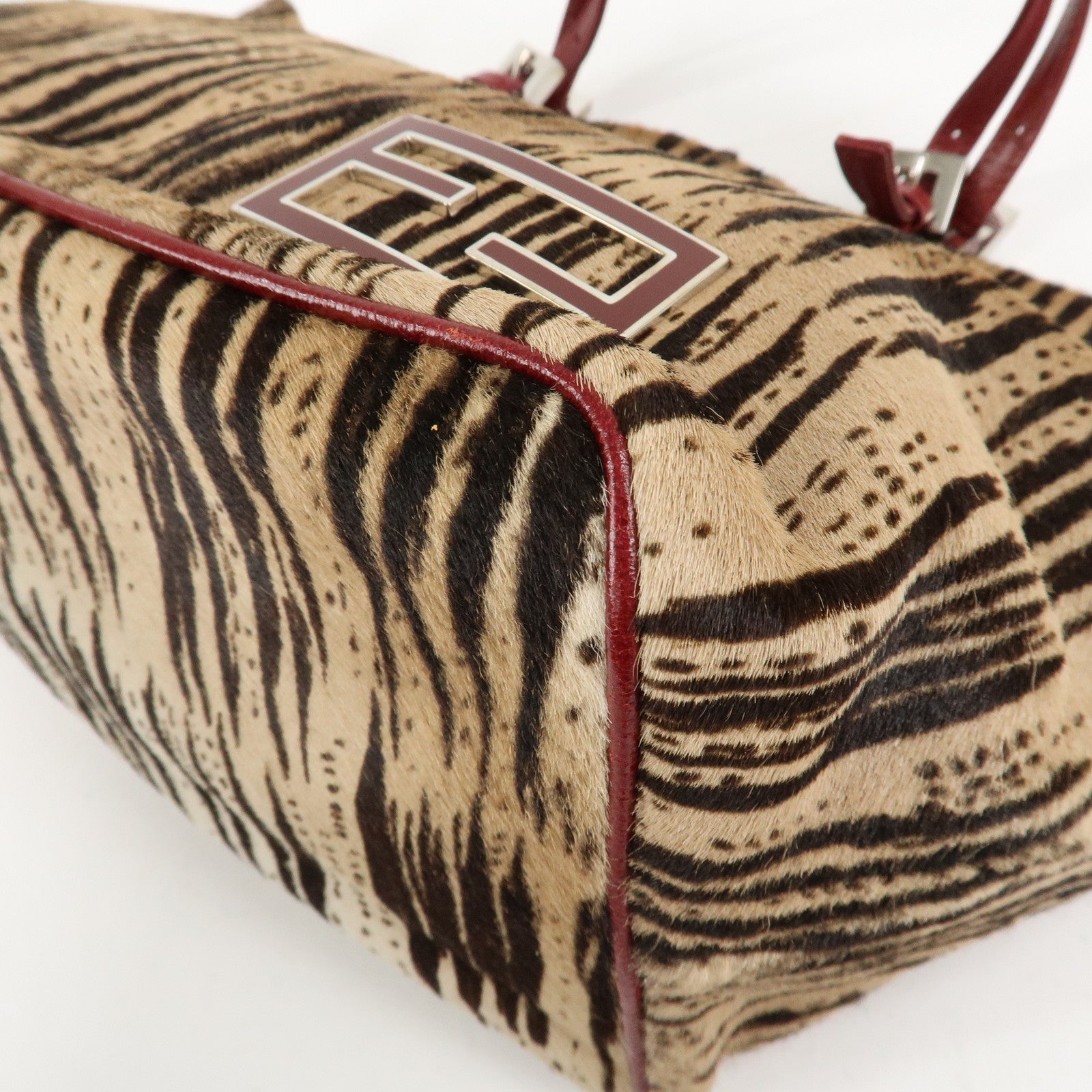 FENDI Leather Unborn Calf Tote Bag Hand Bag Zebra Brown Red Used