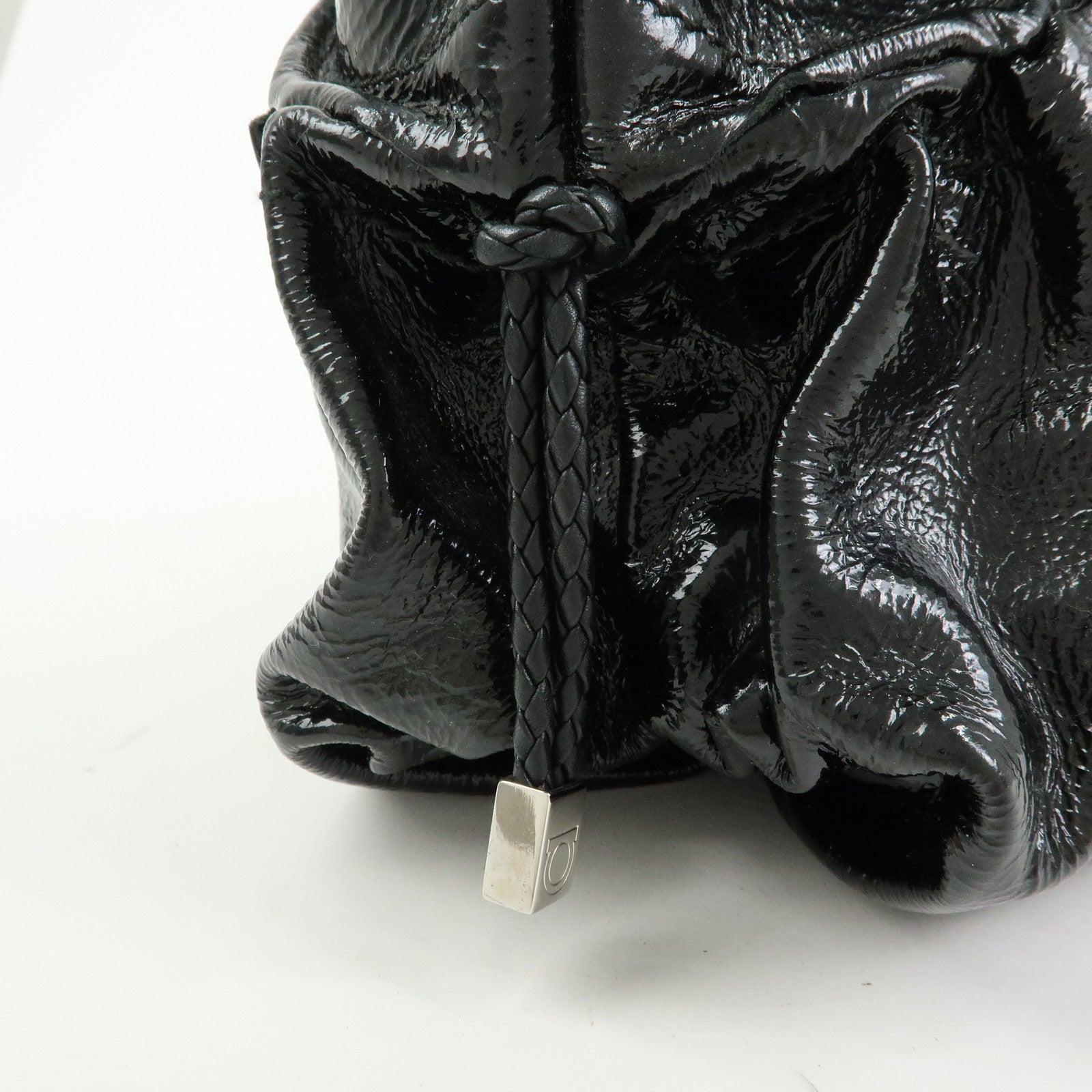 Ferragamo Gancini Patent Leather Hand Bag Shoulder Bag Black