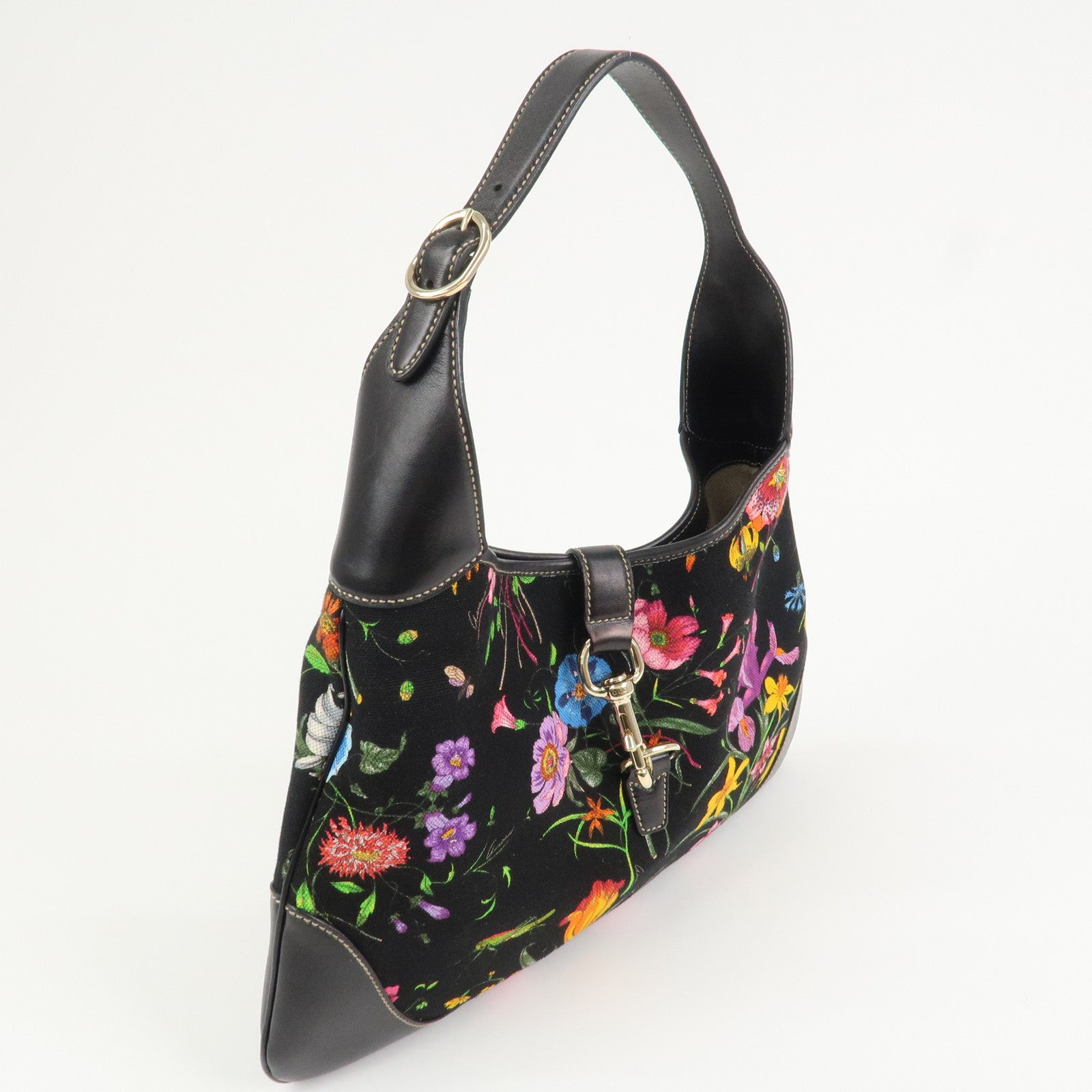 GUCCI Canvas Leather Shoulder Bag Flower Print Black 153029