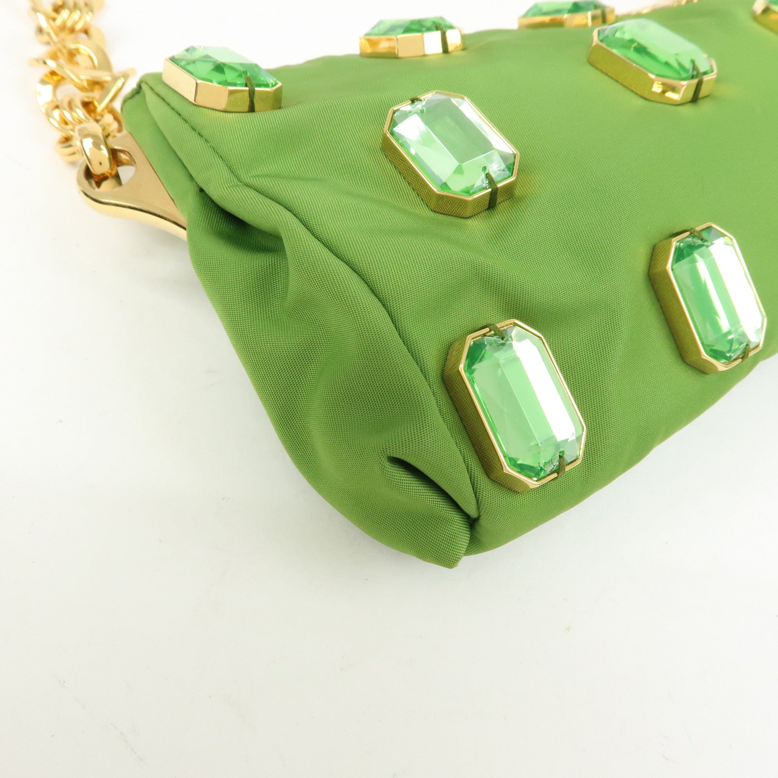 PRADA Bijou Nylon Stone Chain Shoulder Bag Clutch Bag Green