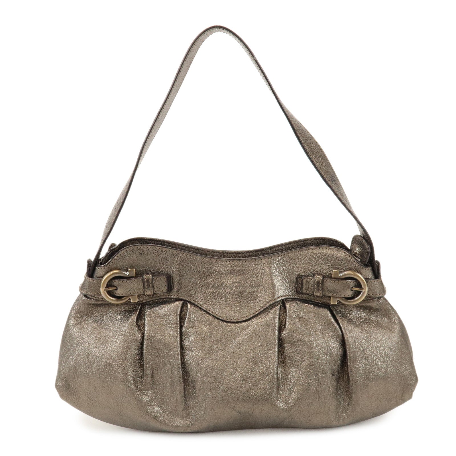 Ferragamo Gancini Leather Shoulder Bag Hand Bag Bronze