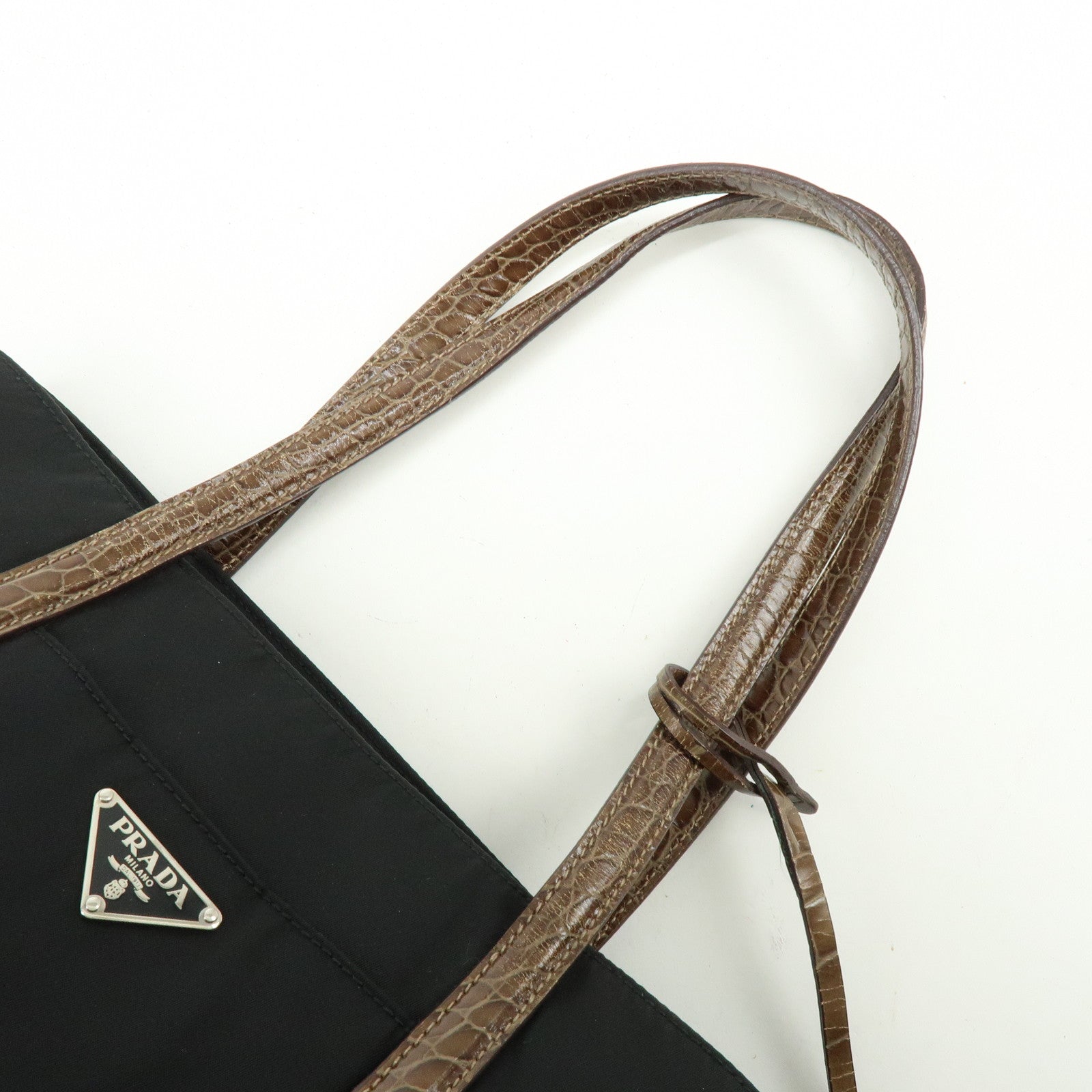 PRADA Triangle Logo Nylon Embossed Leather Tote Bag Black Brown