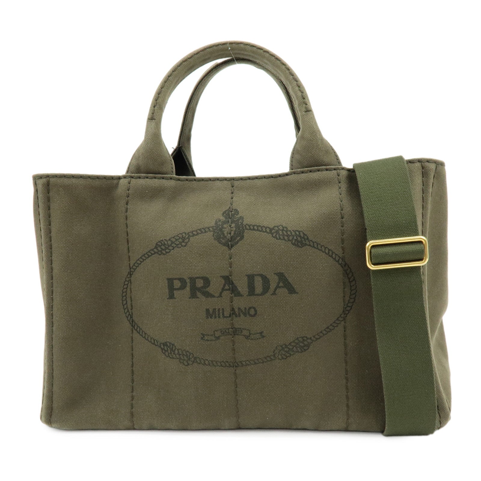 PRADA Logo Canapa Canvas Tote Bag Hand Bag Khaki 1BG642