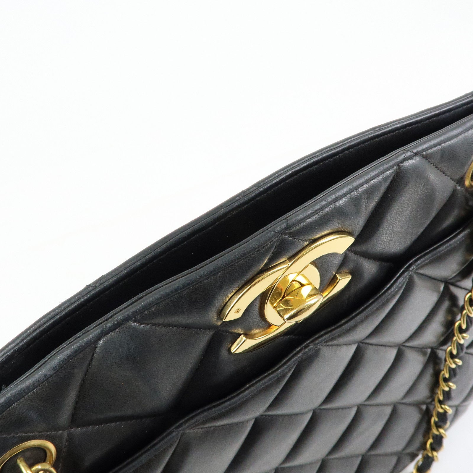 CHANEL Matelasse COCO Mark Lamb Skin Tote Bag Shoulder Bag Black