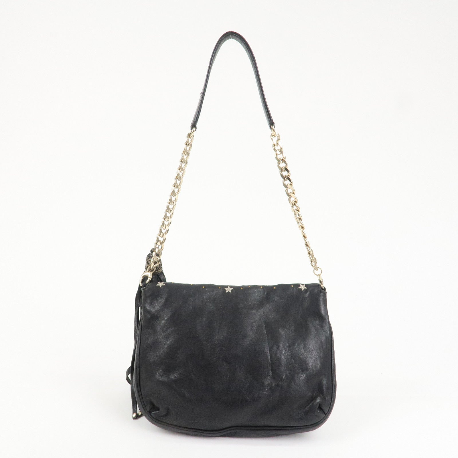 JIMMY CHOO Zodiac Leather Studs Shoulder Bag Black Gold HDW Used