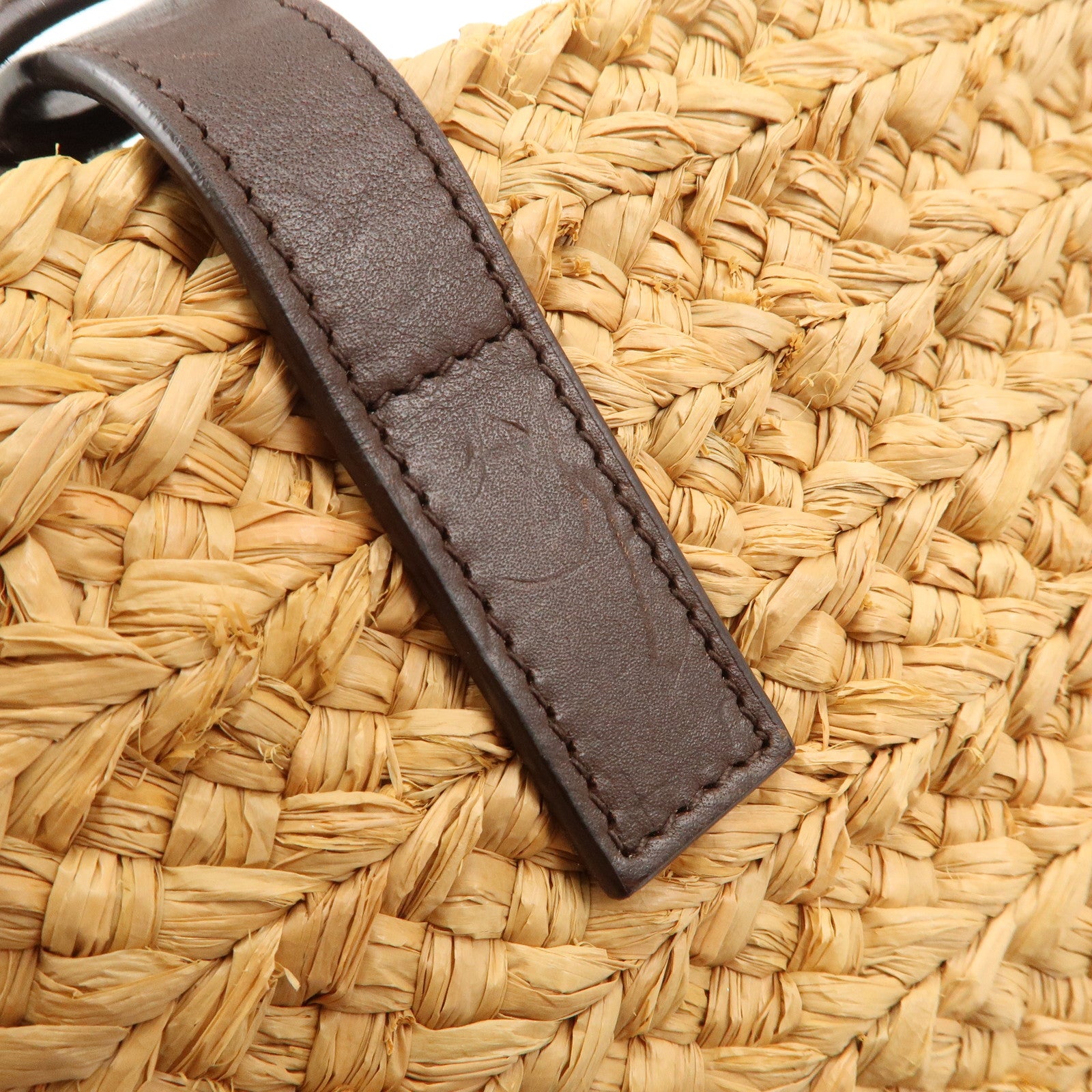 SAINT LAURENT Leather Raffia Tote Bag Shoulder Bag Beige Dark Brown Used