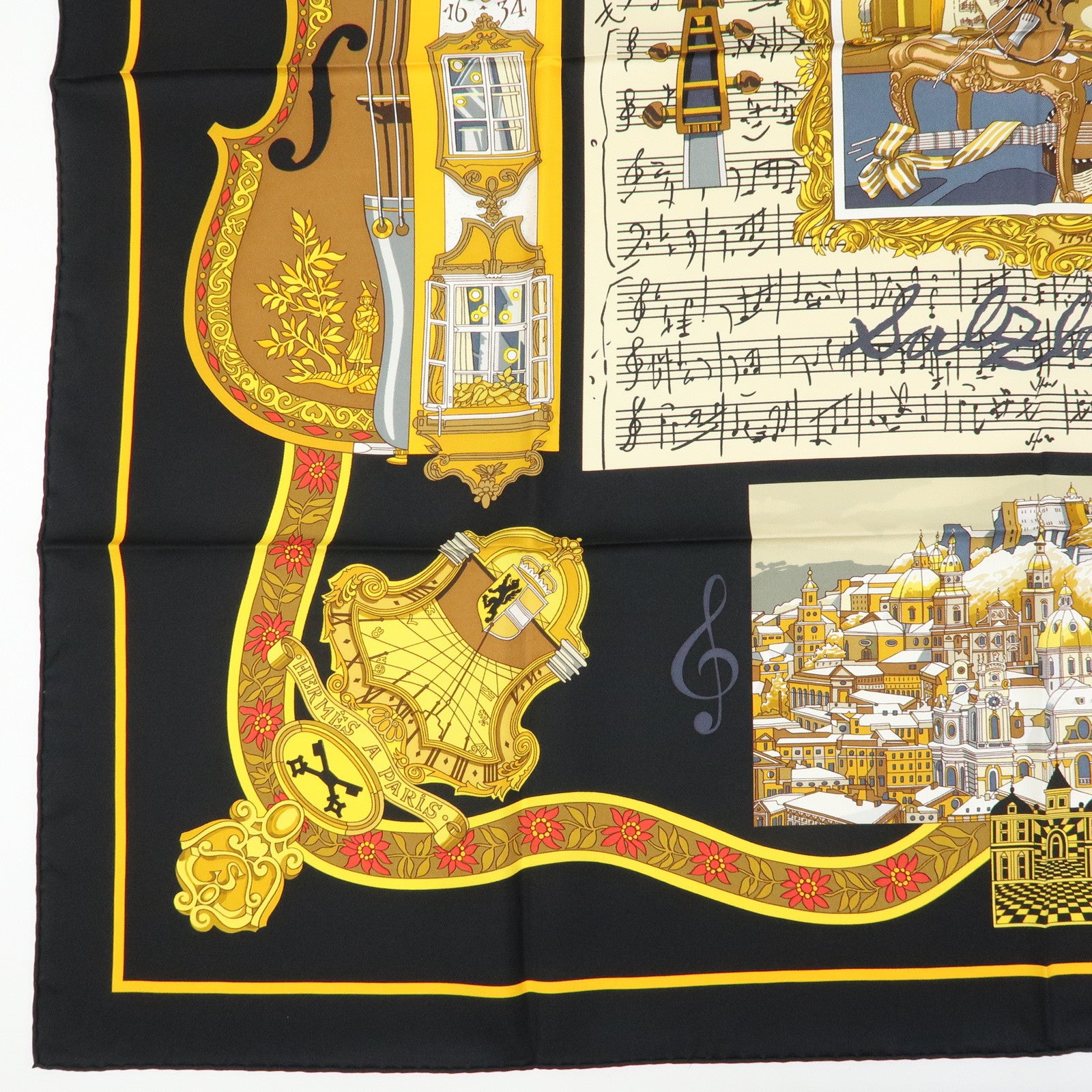 HERMES Carre 90 Silk 100% Scarf IN SALZBURG Black Gold