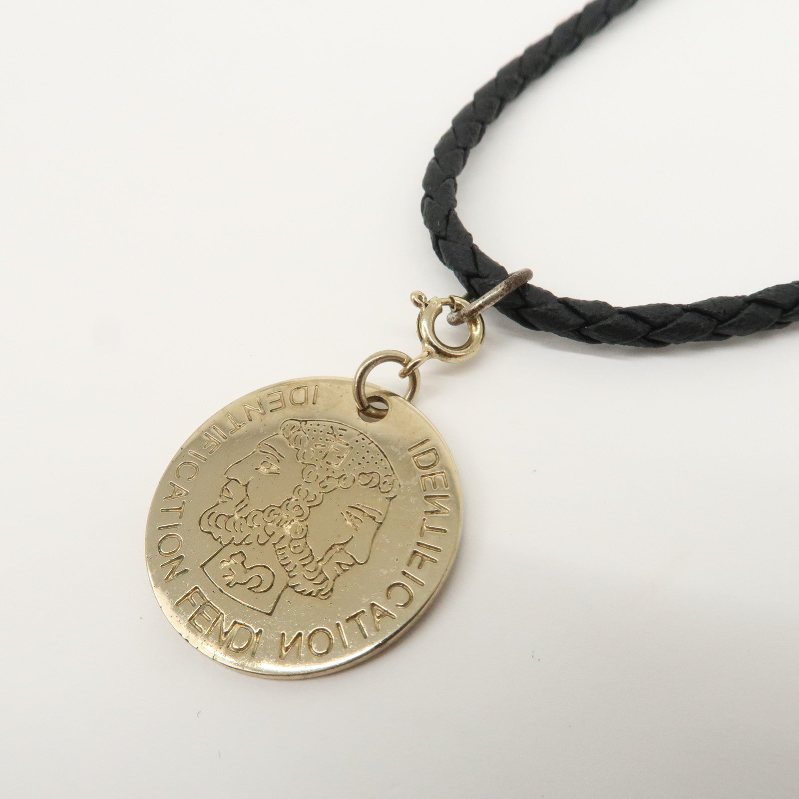 FENDI Coin Motif Leather Metal Necklace Gold Black