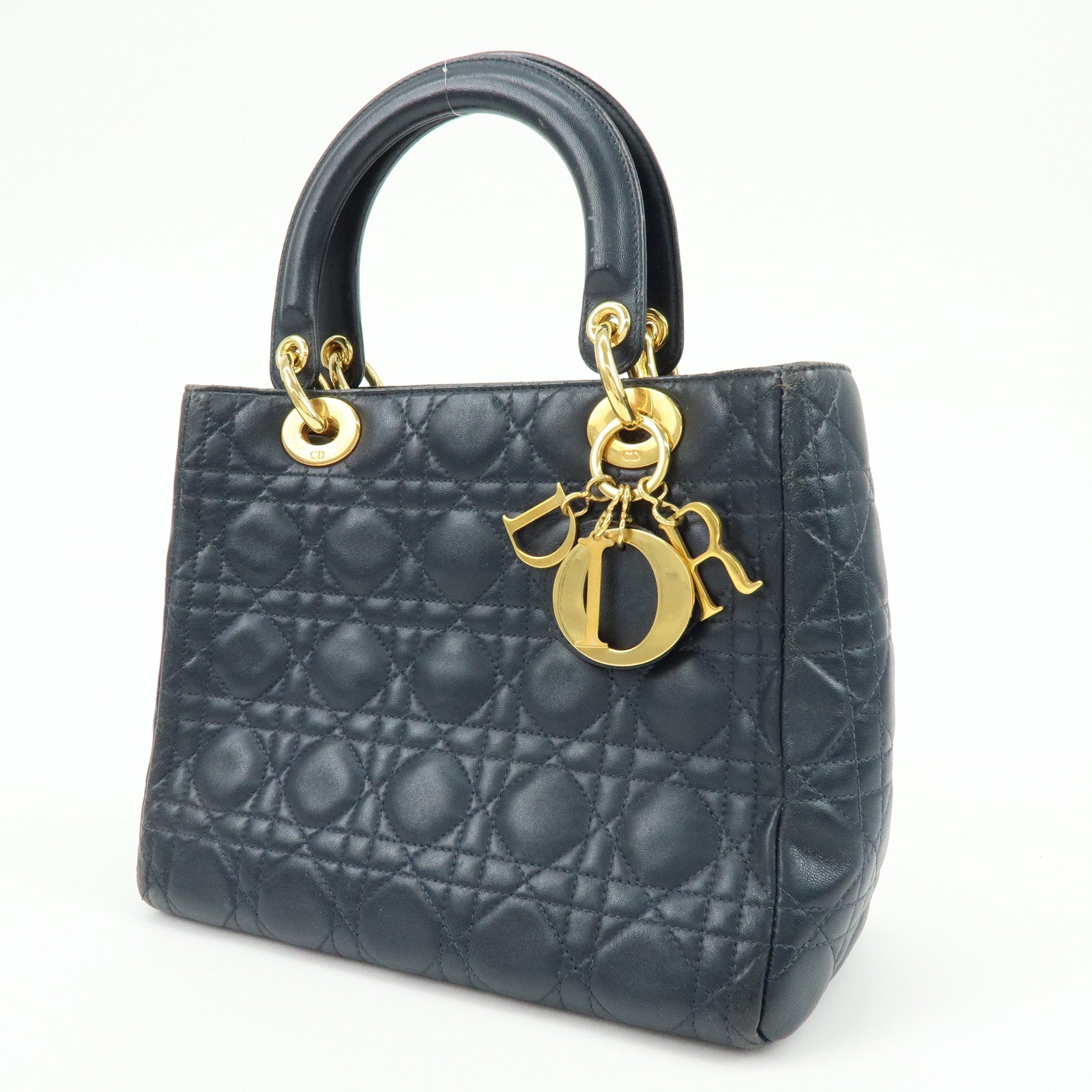 Christian Dior Lady Dior Cannage Leather Hand Bag Navy