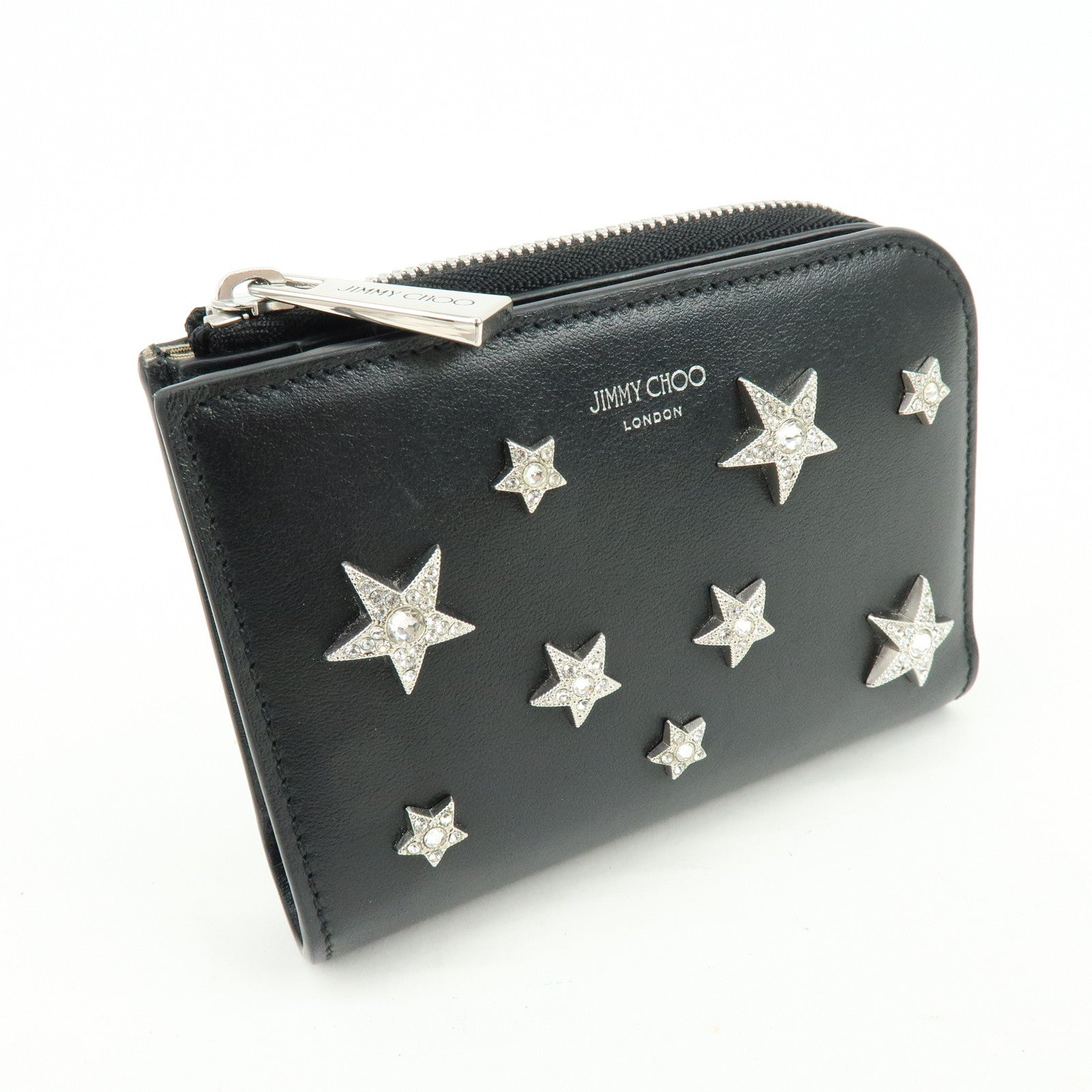 JIMMY CHOO Leather Compact  Zippy Wallet Star Studs Black