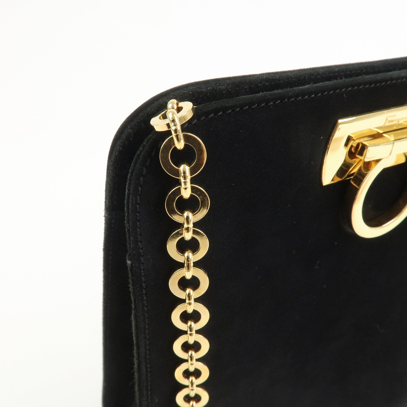 Ferragamo Gancini Suede Chain Shoulder Bag Crossbody Bag Black
